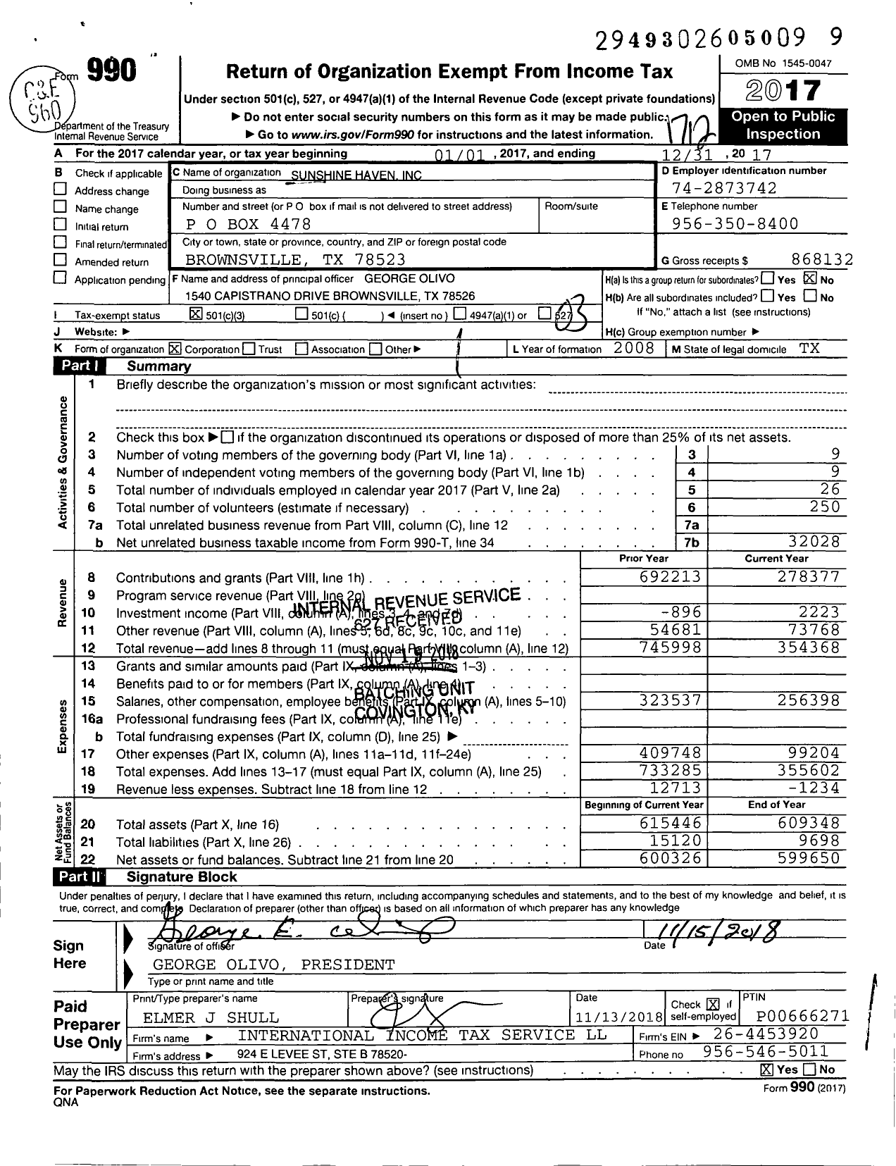 Image of first page of 2017 Form 990 for Sunshine Haven