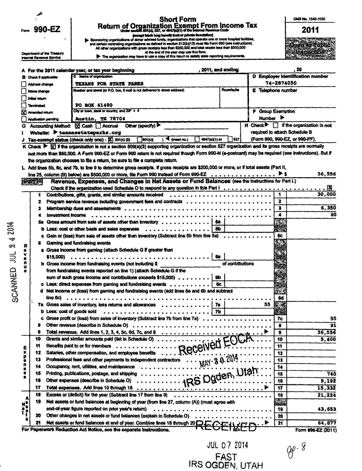 Image of first page of 2011 Form 990EZ for Texans for State Parks