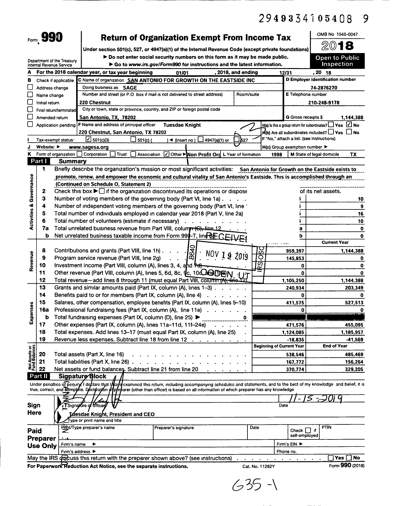 Image of first page of 2018 Form 990 for San Antonio for Growth on the Eastside