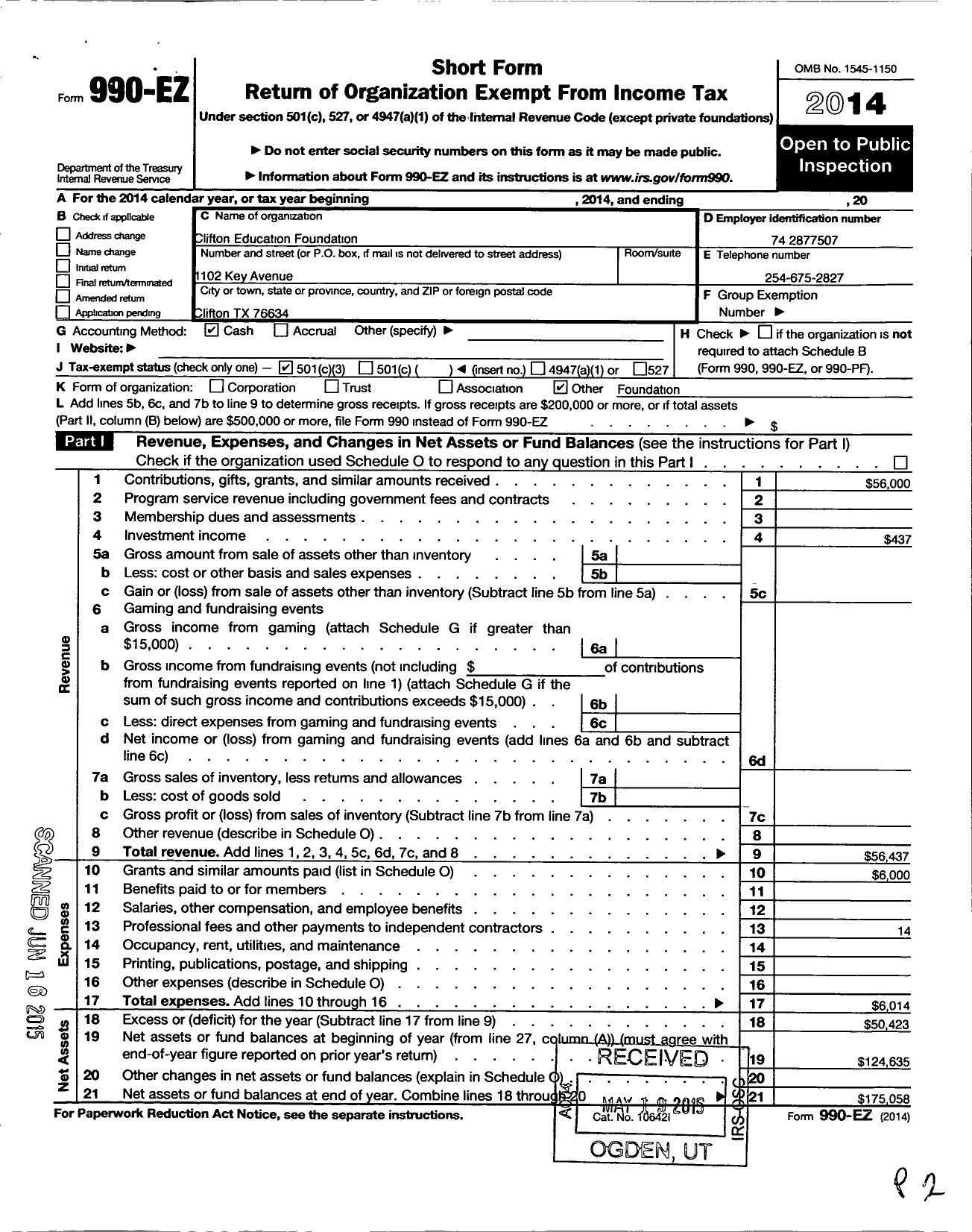 Image of first page of 2014 Form 990EZ for Clifton Education Foundation