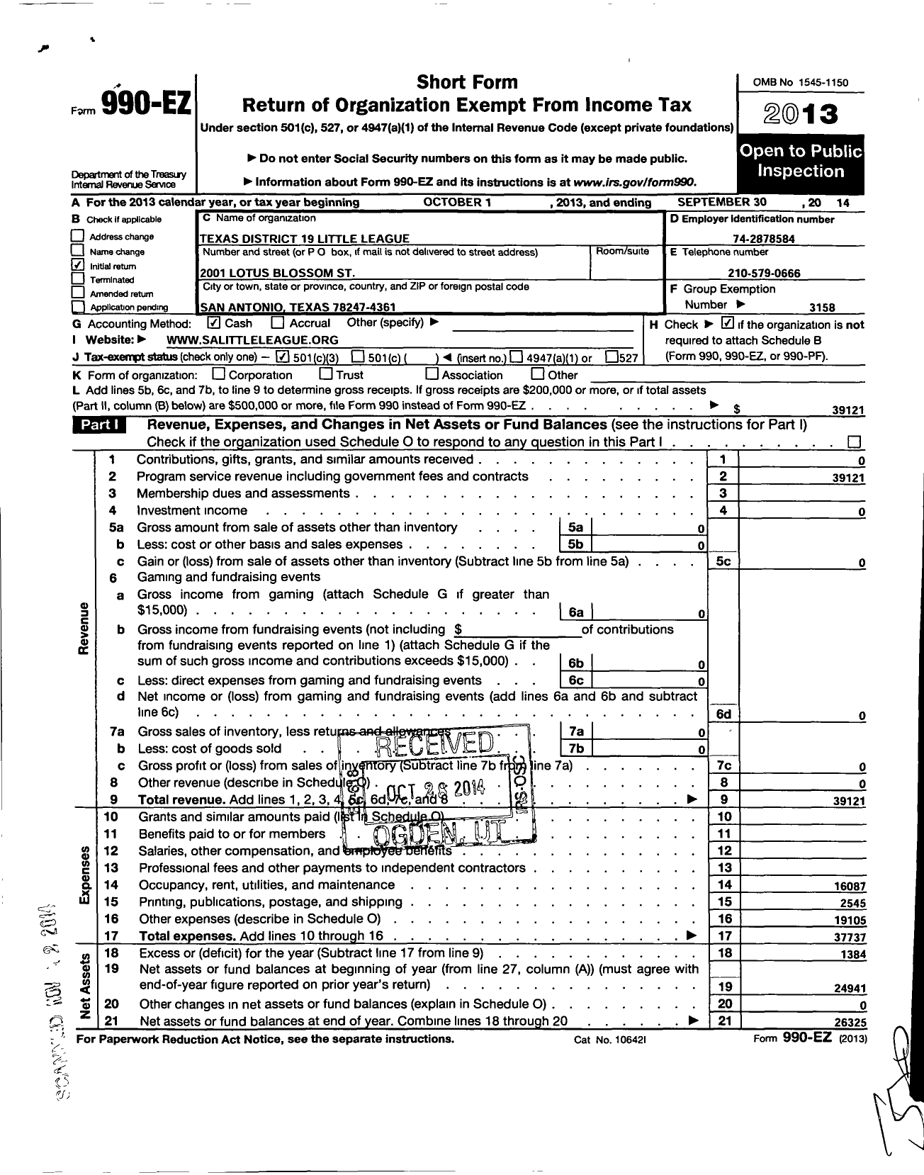 Image of first page of 2013 Form 990EZ for Little League Baseball - 9431900 Lisa Jividen