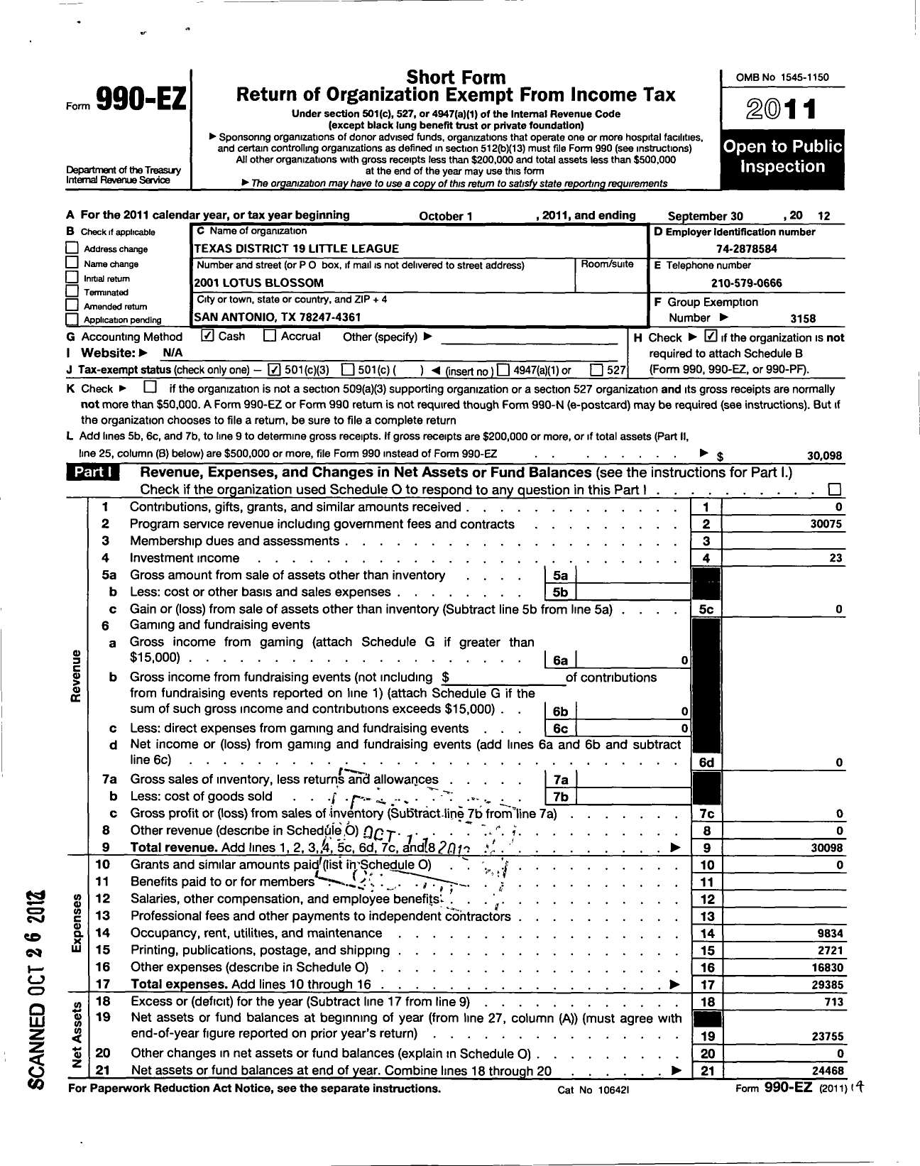 Image of first page of 2011 Form 990EZ for Little League Baseball - 9431900 Lisa Jividen