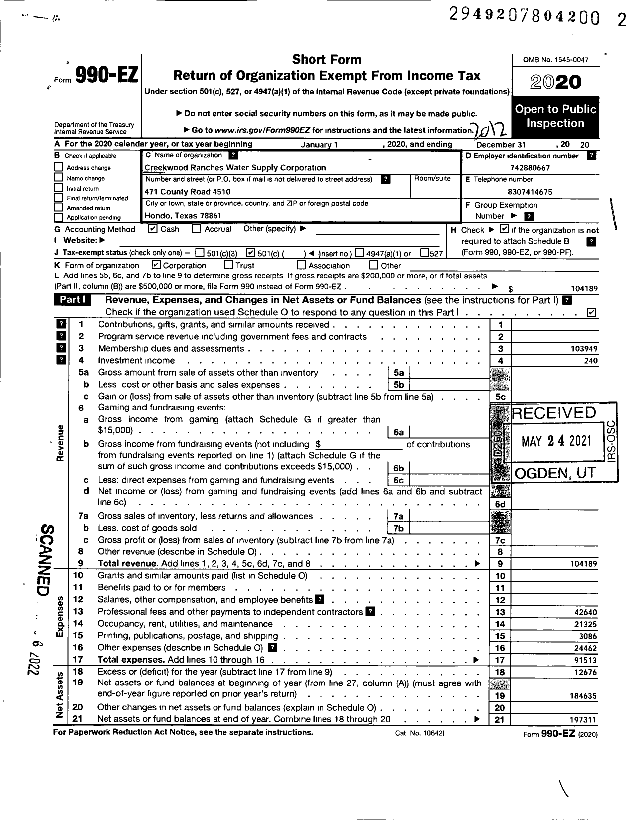 Image of first page of 2020 Form 990EO for Creekwood Ranches Water Supply Corporation