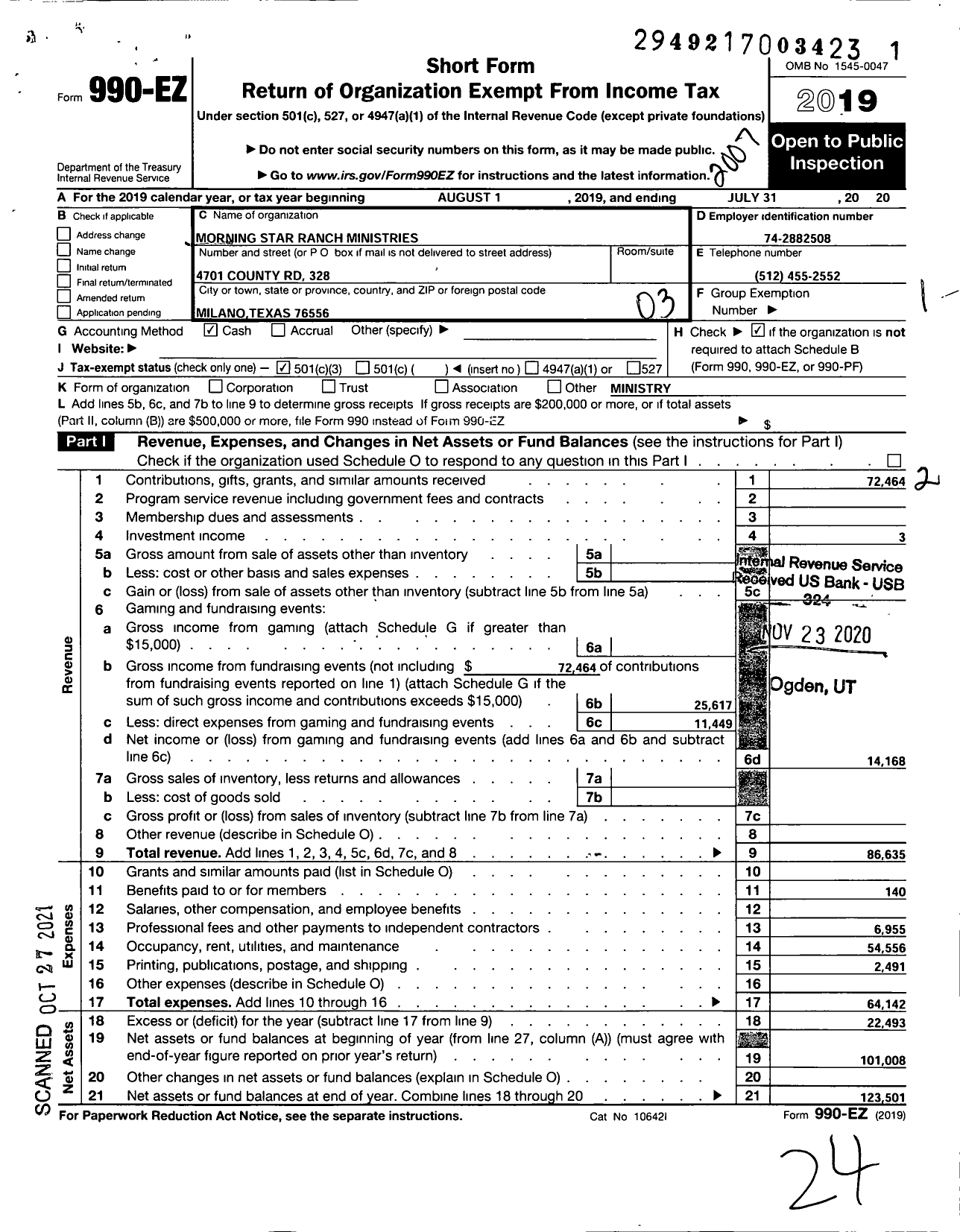 Image of first page of 2019 Form 990EZ for Morning Star Ranch Ministries Retreat and Conference Center