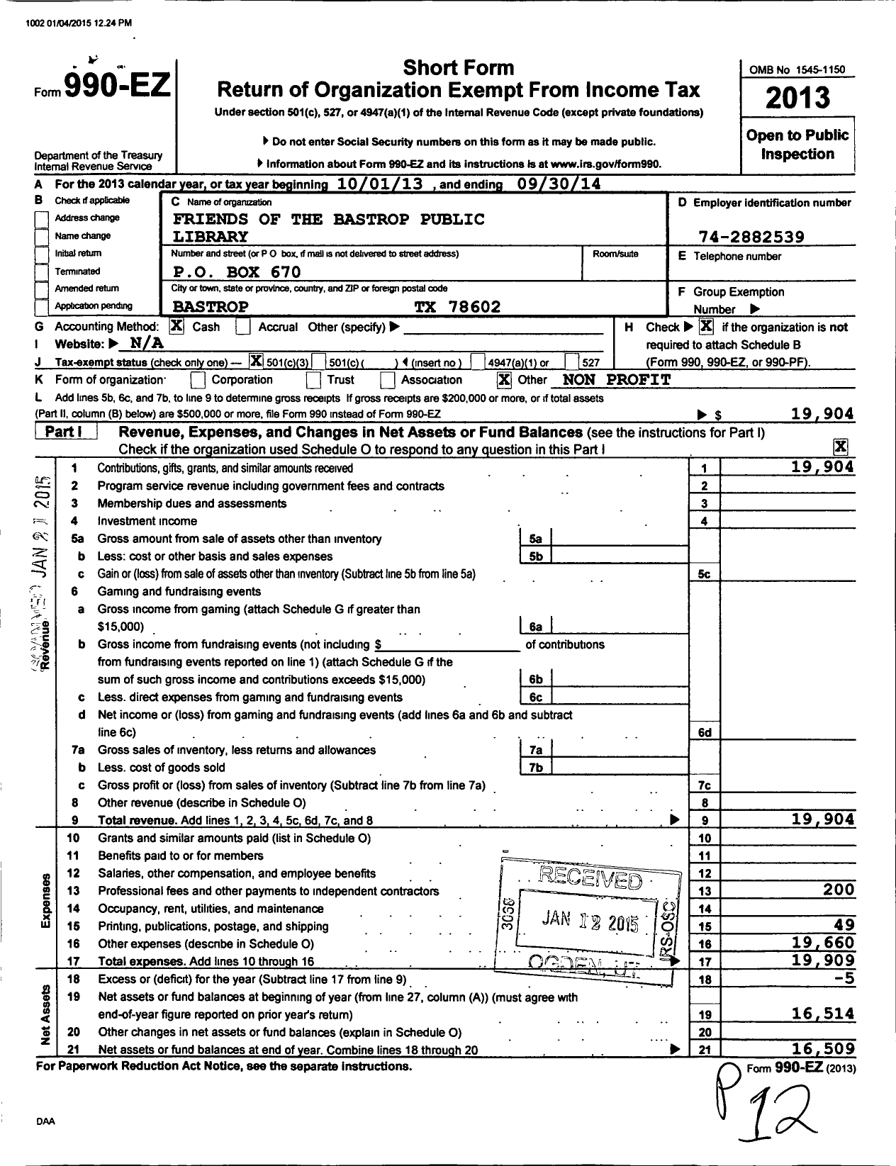 Image of first page of 2013 Form 990EZ for Friends of Bastrop Public Library