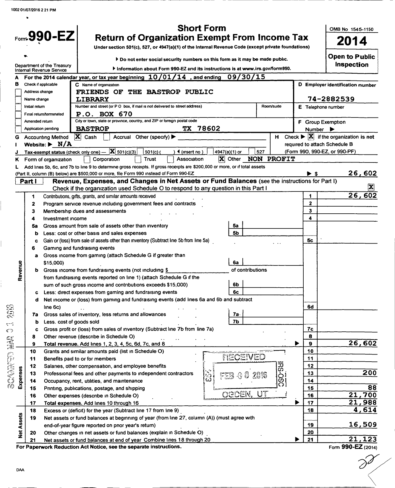 Image of first page of 2014 Form 990EZ for Friends of Bastrop Public Library