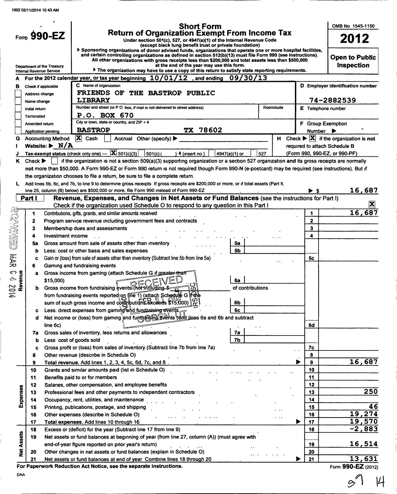 Image of first page of 2012 Form 990EZ for Friends of Bastrop Public Library