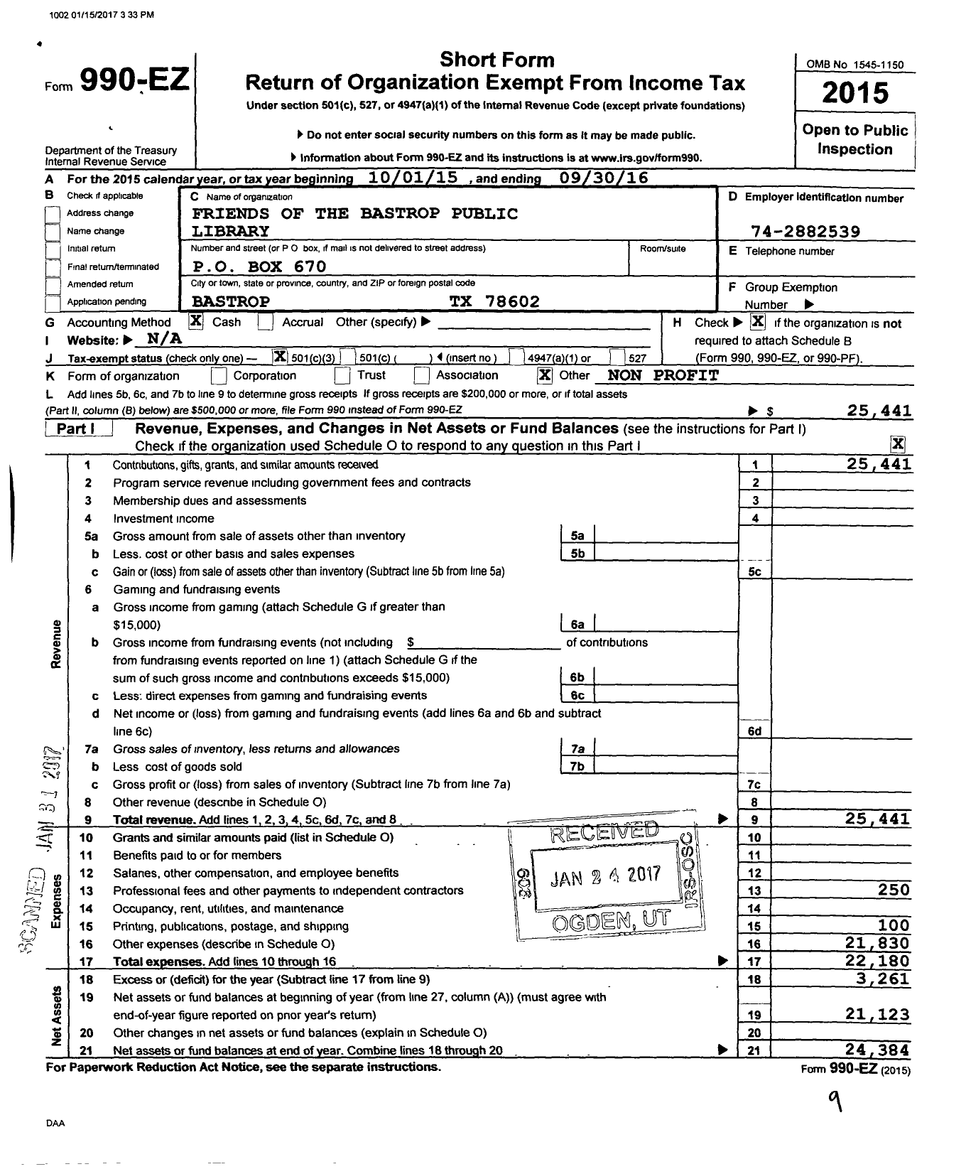 Image of first page of 2015 Form 990EZ for Friends of Bastrop Public Library