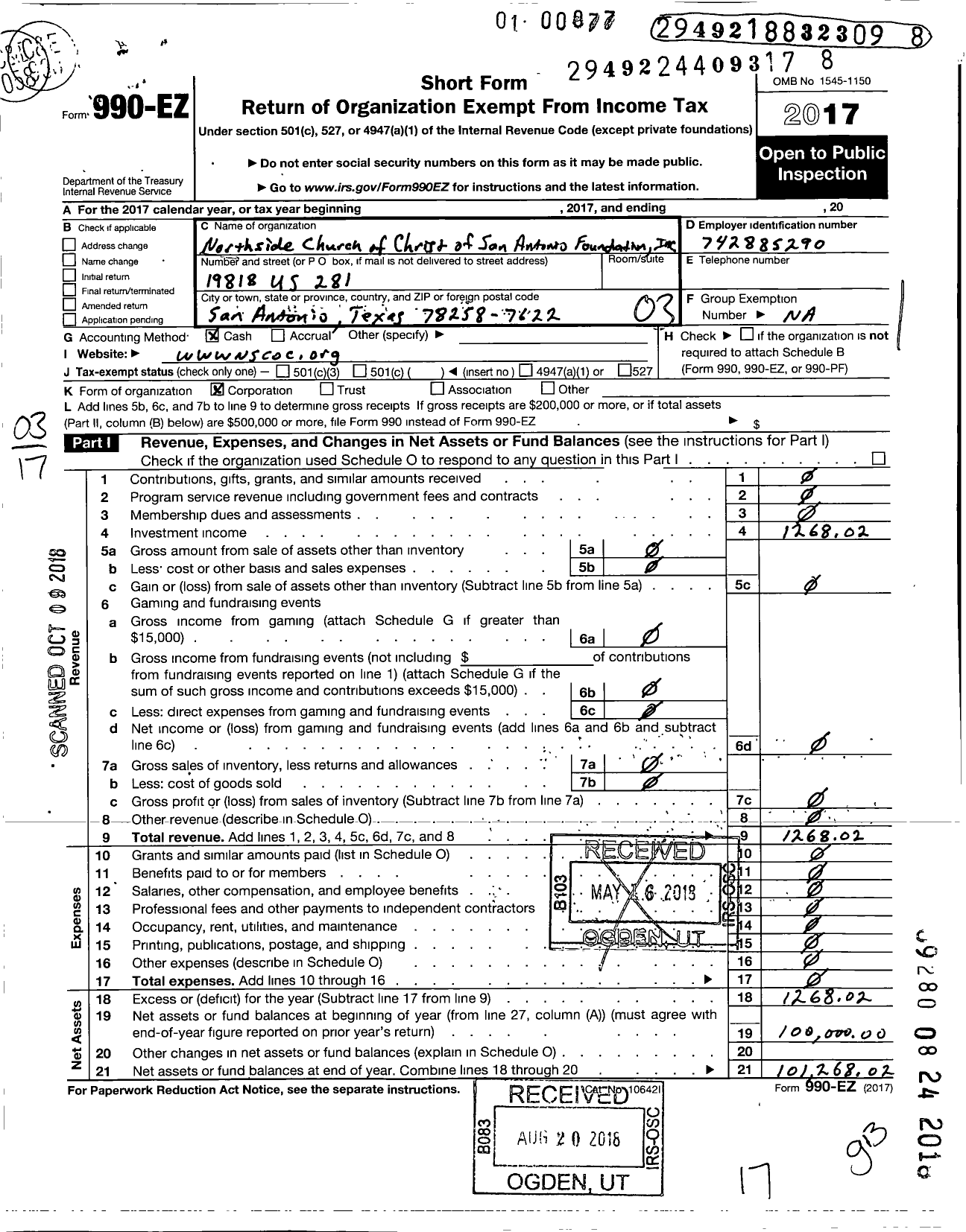 Image of first page of 2017 Form 990EZ for Northside Church of Christ of San Foundation