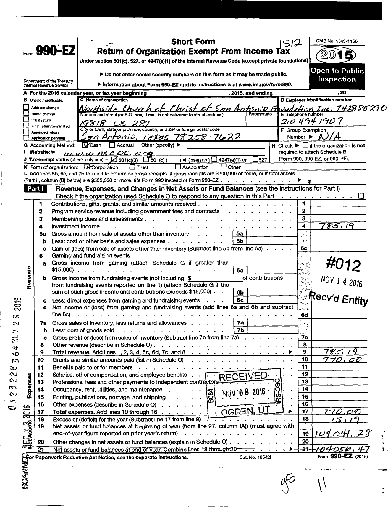 Image of first page of 2015 Form 990EZ for Northside Church of Christ of San Foundation