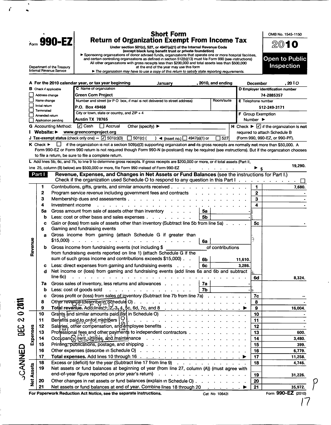 Image of first page of 2010 Form 990EZ for Green Corn Project