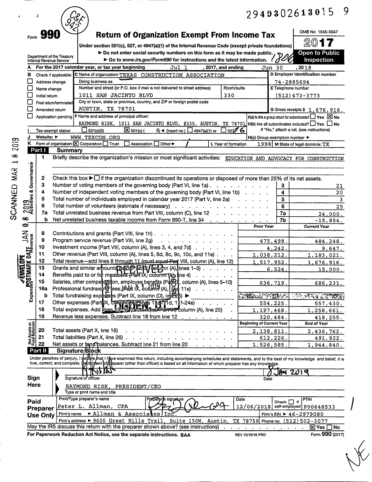 Image of first page of 2017 Form 990O for Texas Construction Association (TCA)