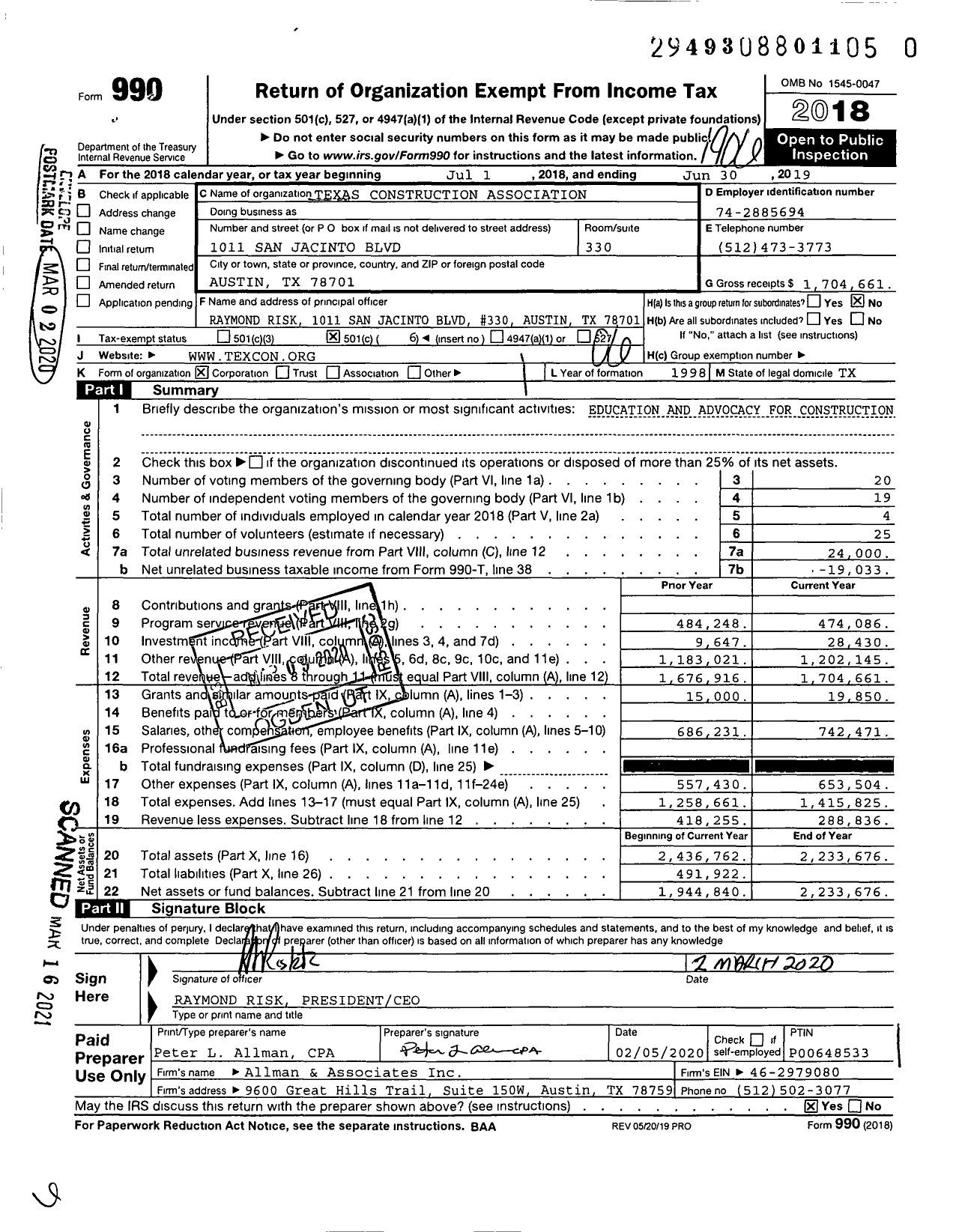 Image of first page of 2018 Form 990O for Texas Construction Association (TCA)