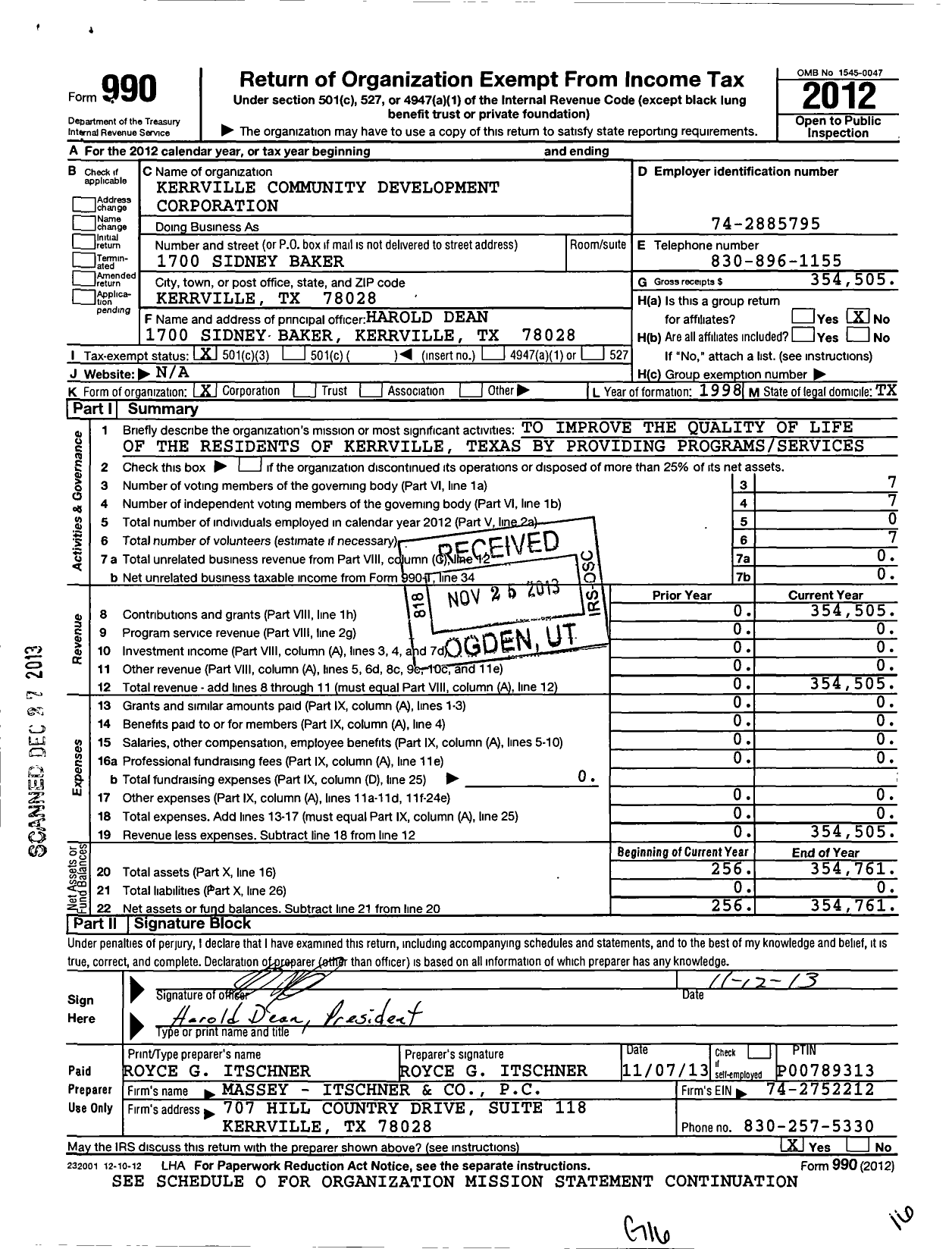 Image of first page of 2012 Form 990 for Kerrville Community Development Corporation