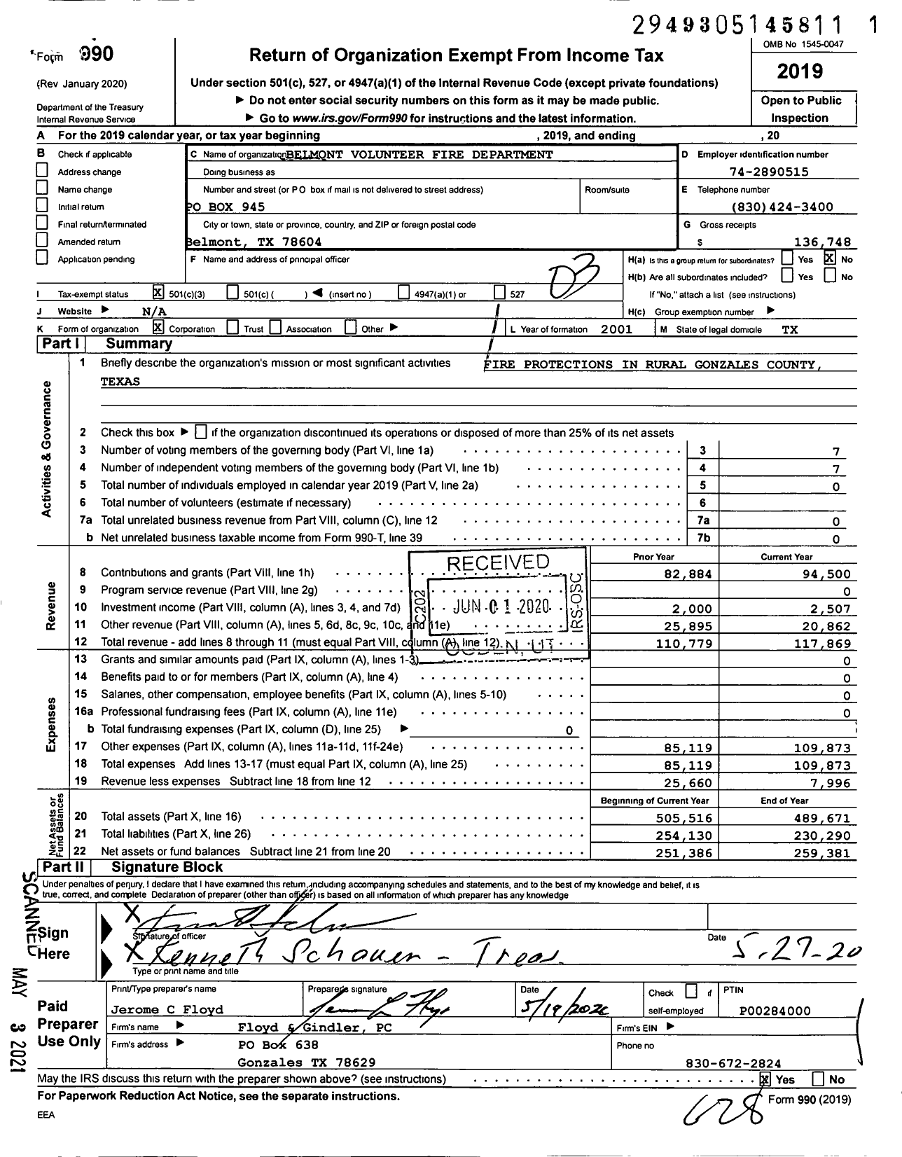 Image of first page of 2019 Form 990 for Belmont Volunteer Fire Department