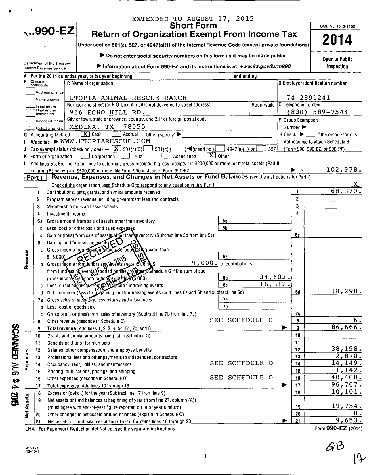 Image of first page of 2014 Form 990EZ for Utopia Animal Rescue Ranch