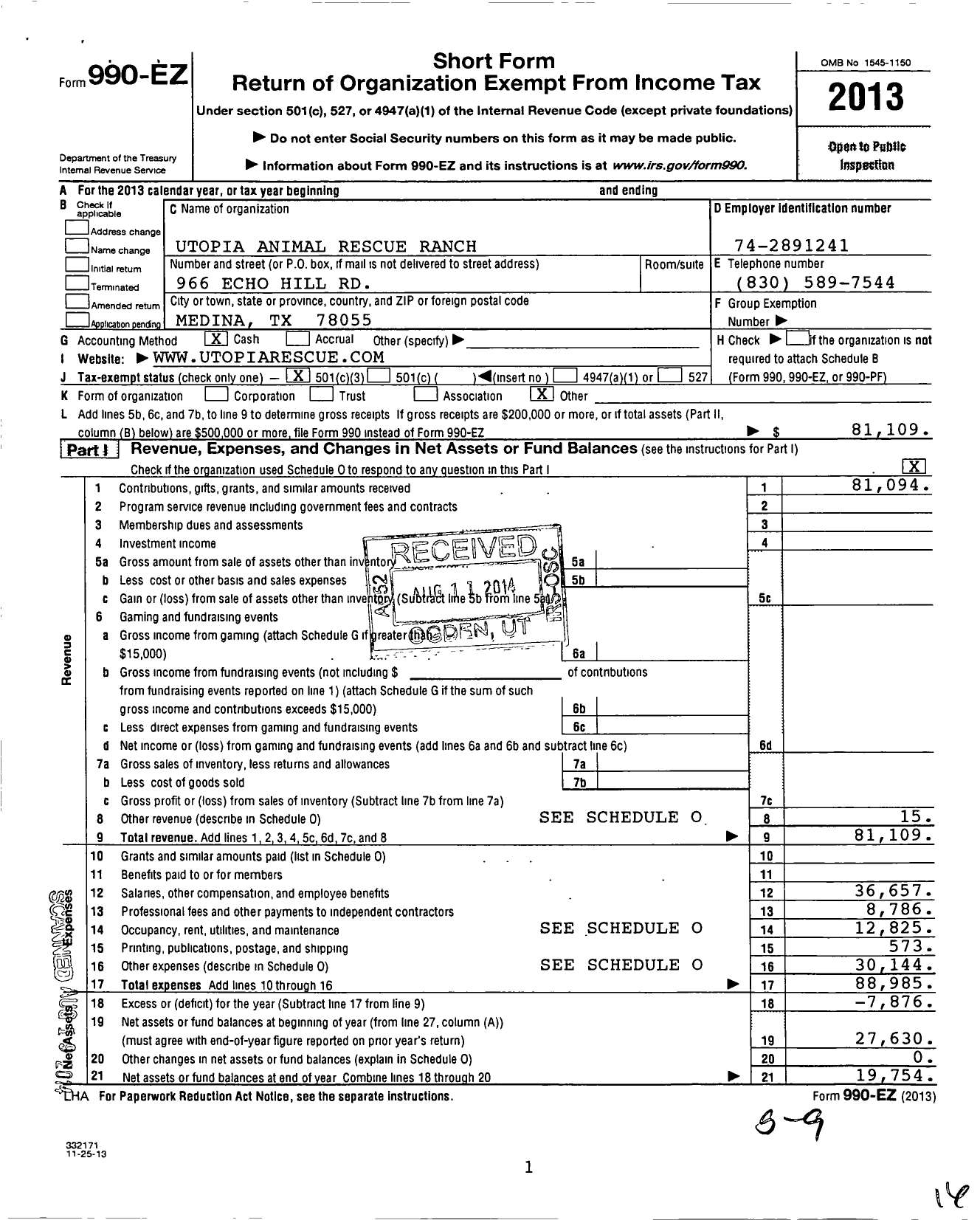 Image of first page of 2013 Form 990EZ for Utopia Animal Rescue Ranch