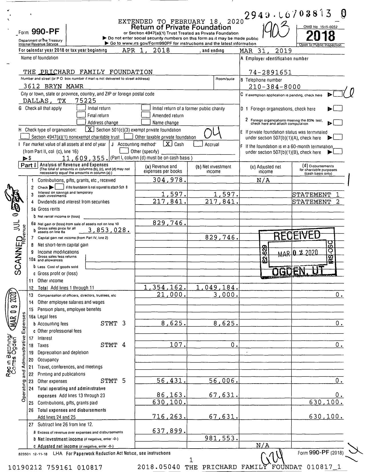 Image of first page of 2018 Form 990PR for The Prichard Family Foundation