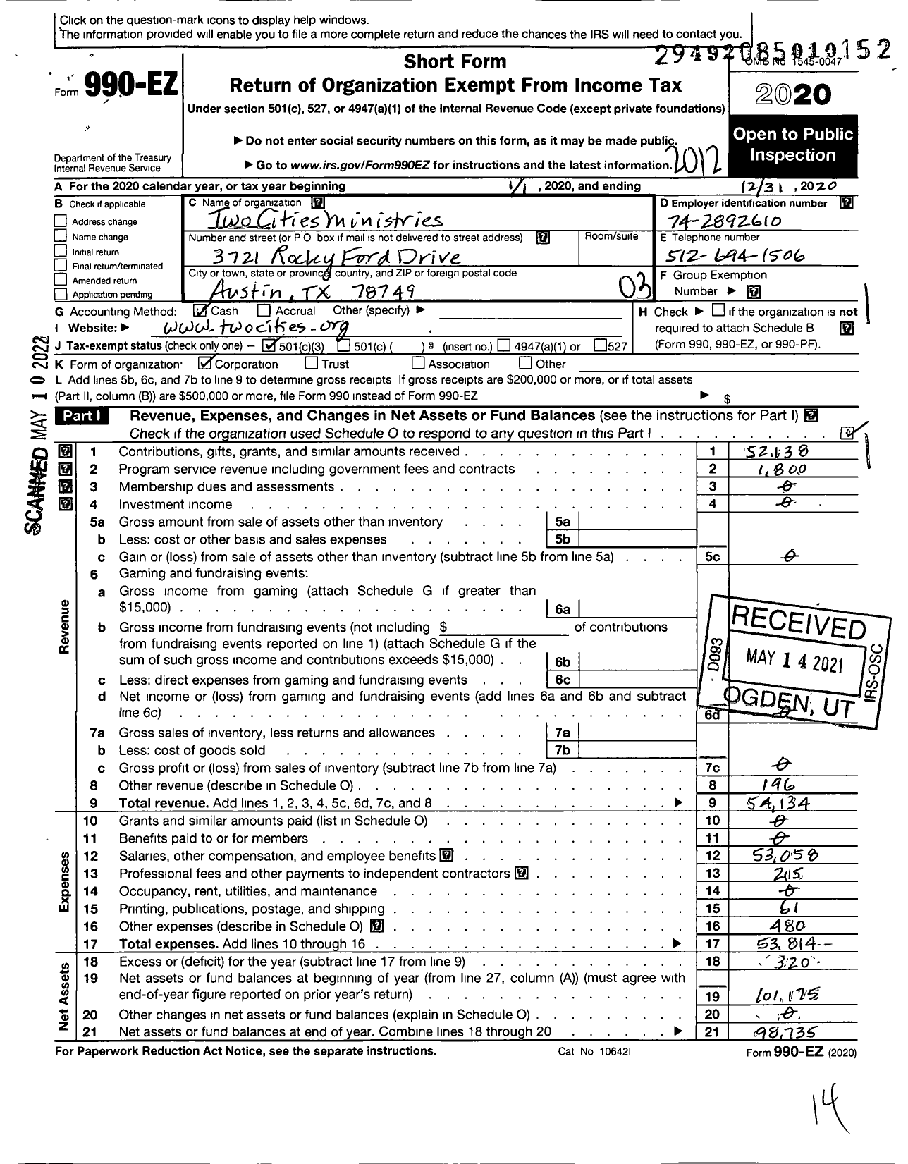 Image of first page of 2020 Form 990EZ for Two Cities Ministries