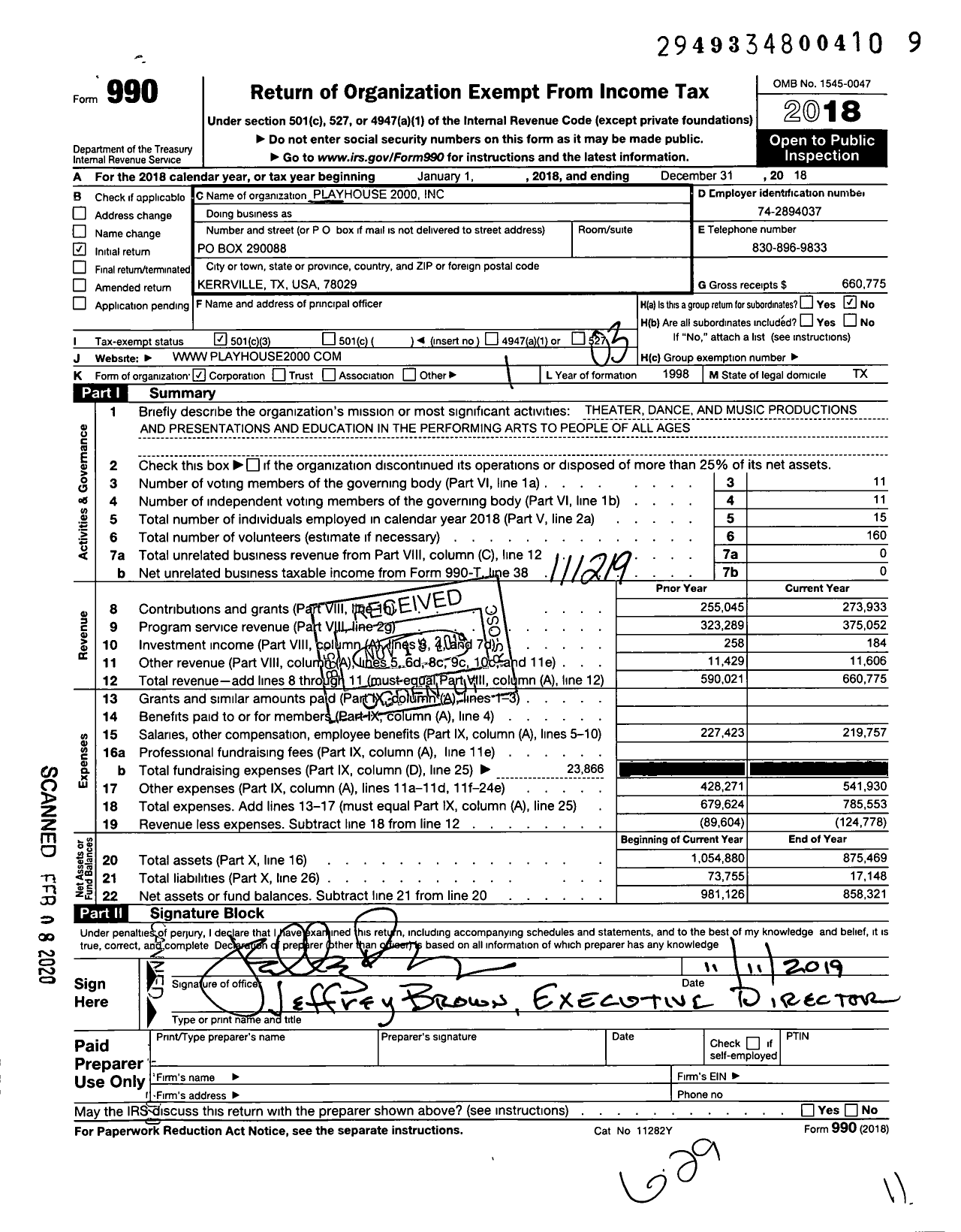 Image of first page of 2018 Form 990 for Playhouse 2000