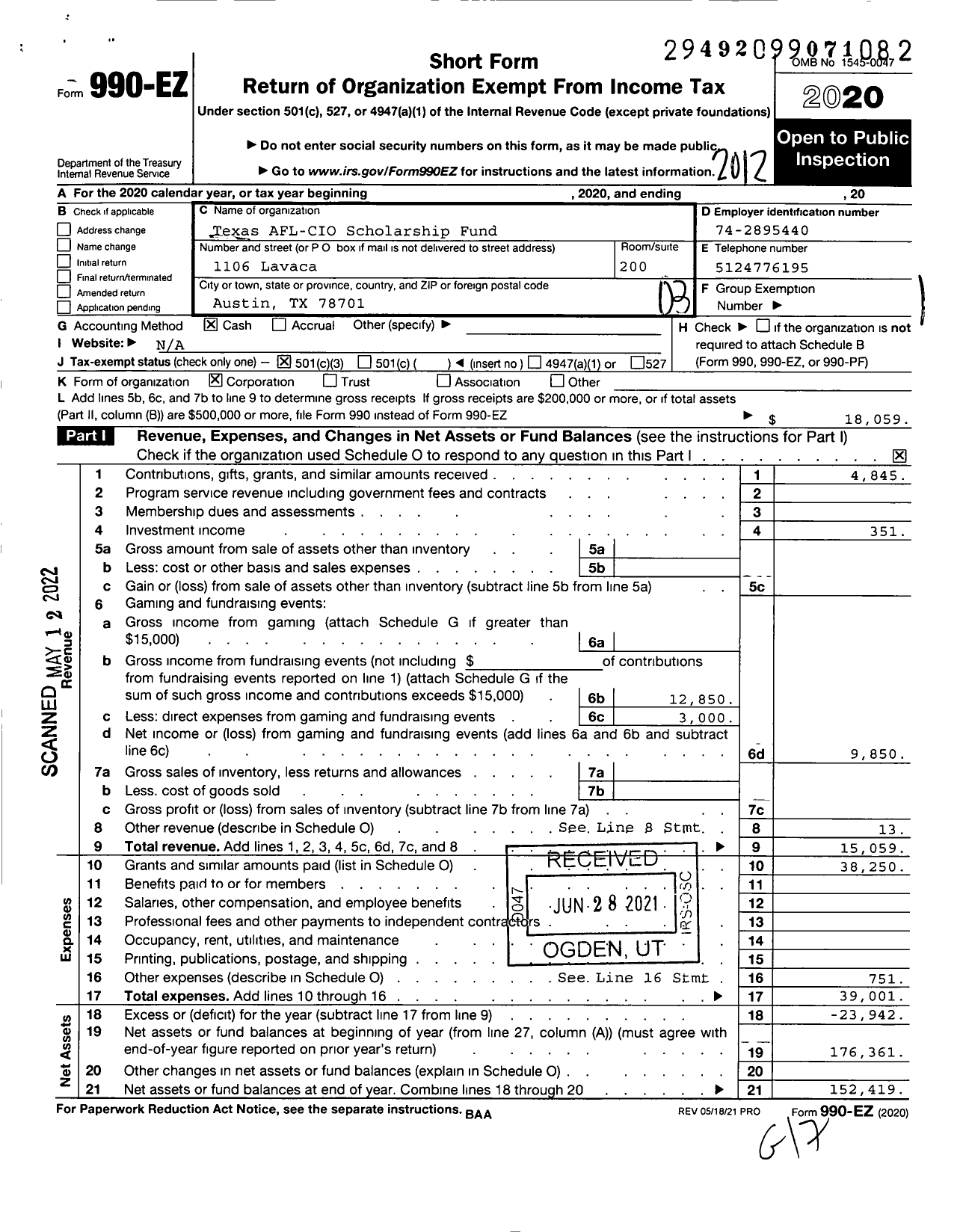 Image of first page of 2020 Form 990EZ for Texas AFL-CIO Scholarship Fund