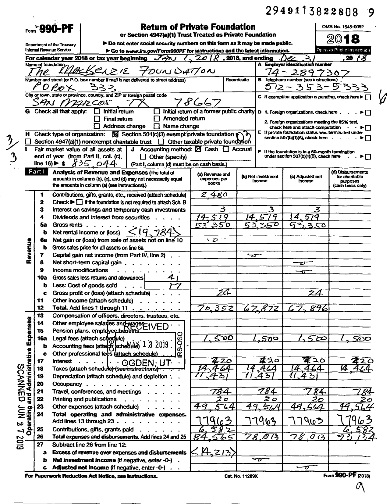 Image of first page of 2018 Form 990PF for The MacKenzie Foundation