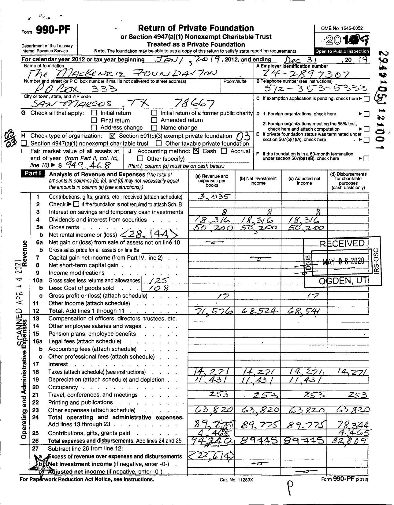 Image of first page of 2019 Form 990PF for The MacKenzie Foundation