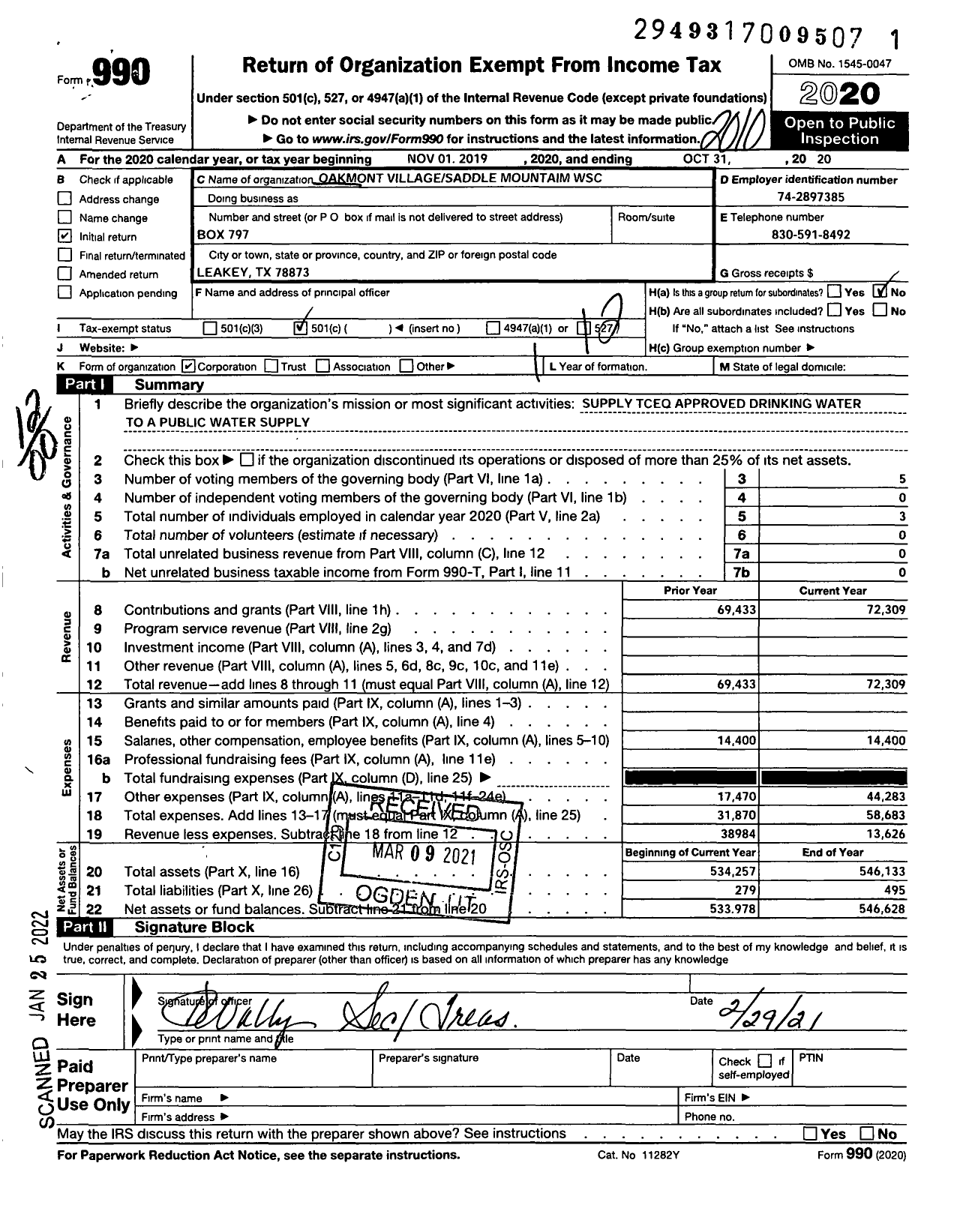 Image of first page of 2019 Form 990O for Oakmont Village Saddle Mountain Water Supply Corporation