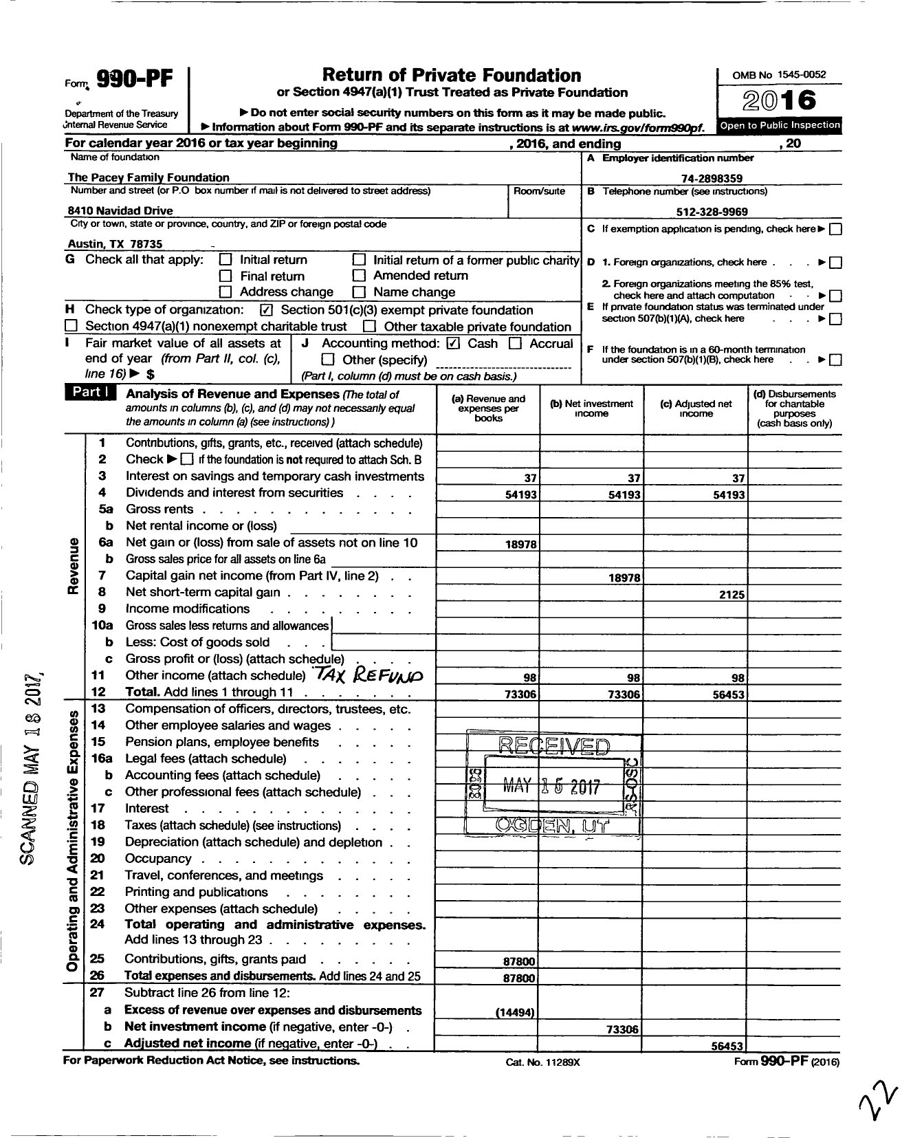 Image of first page of 2016 Form 990PF for The Pacey Family Foundation