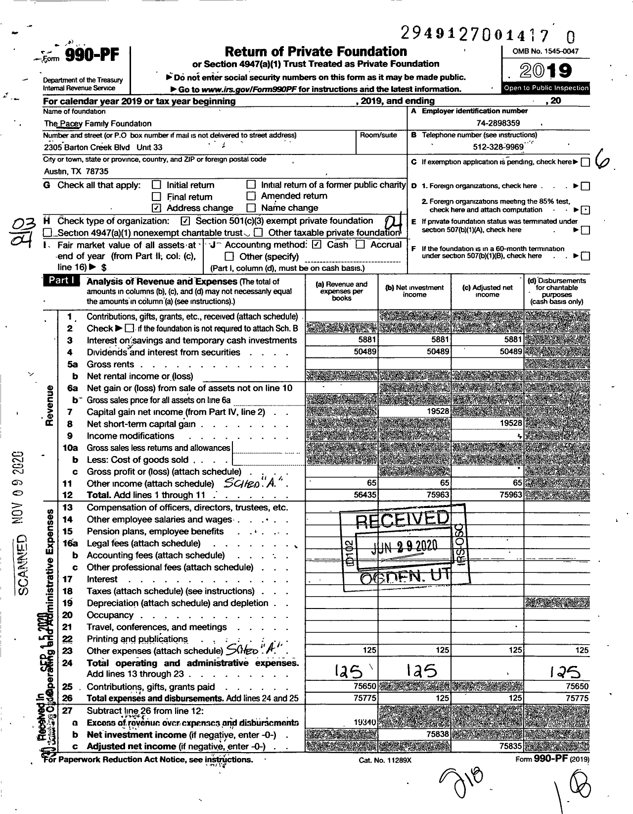 Image of first page of 2019 Form 990PF for The Pacey Family Foundation