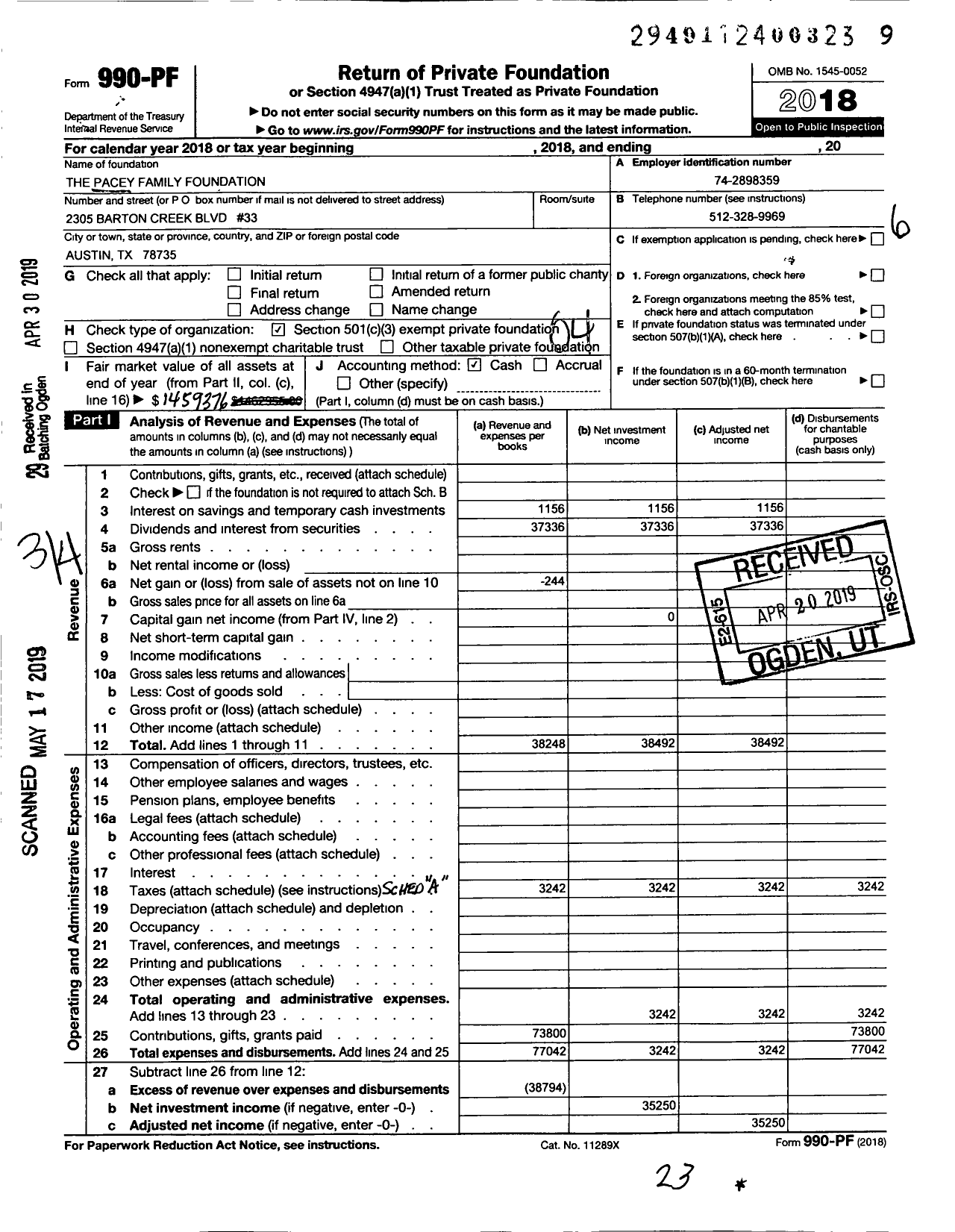 Image of first page of 2018 Form 990PF for The Pacey Family Foundation