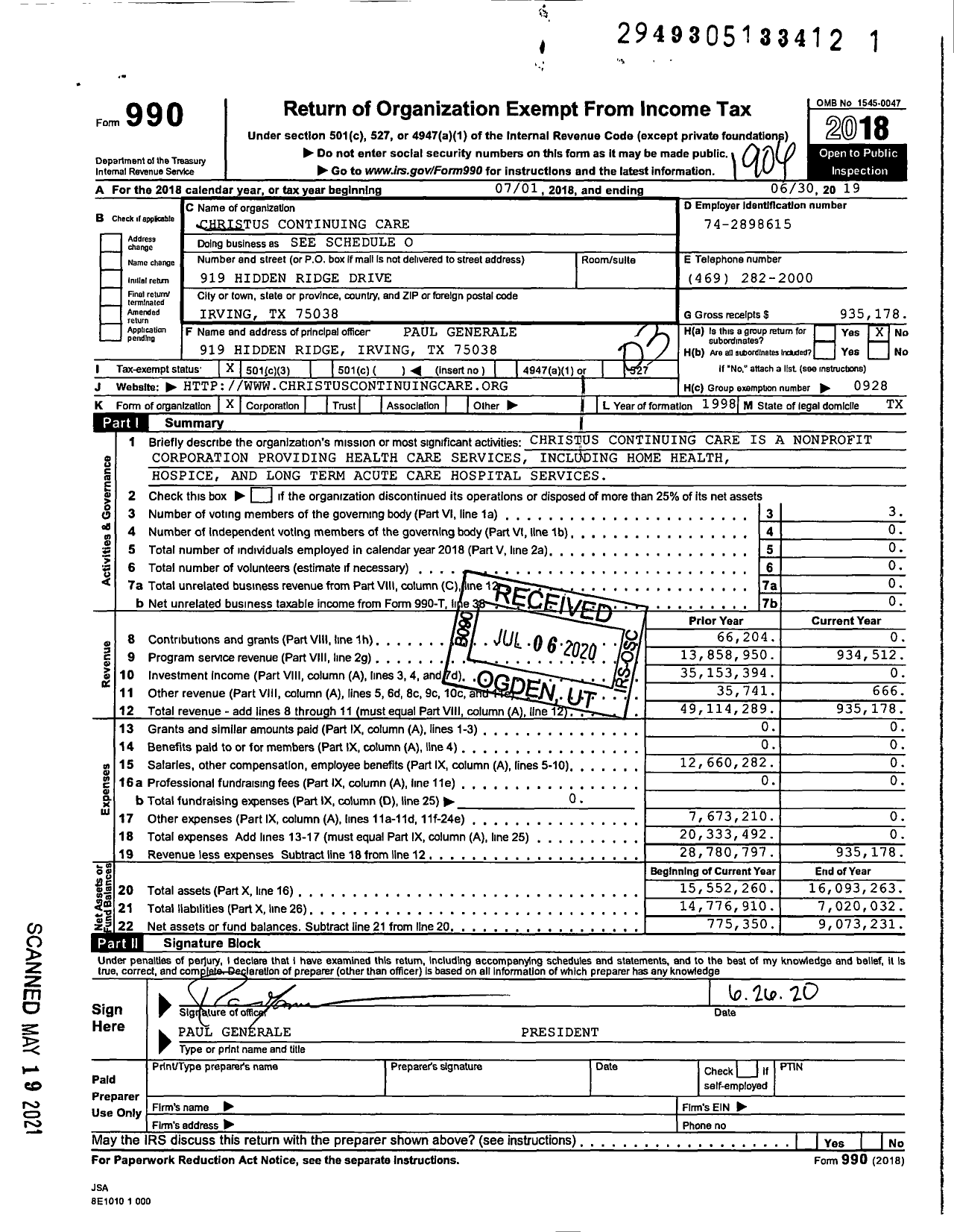 Image of first page of 2018 Form 990 for Christus Continuing Care