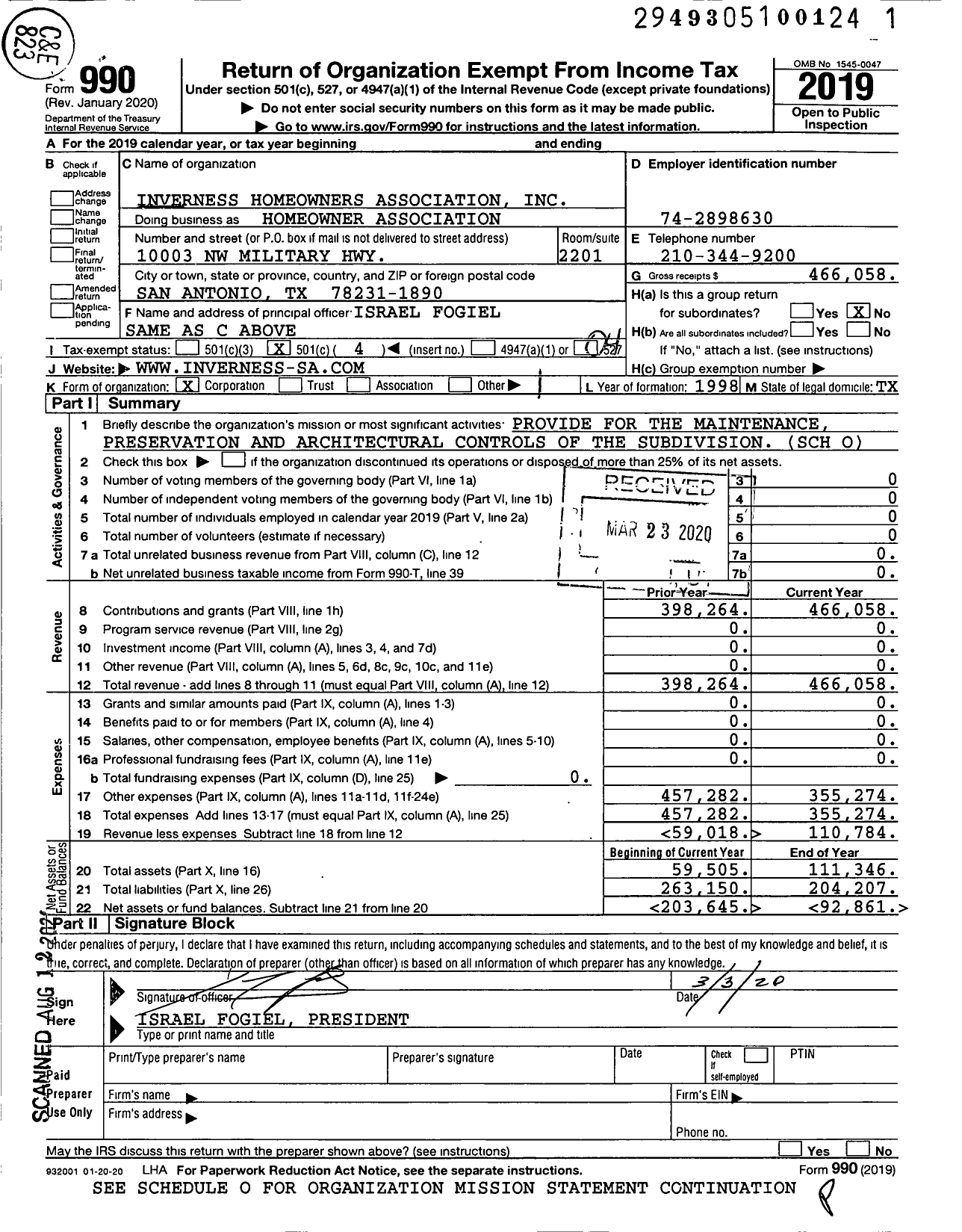 Image of first page of 2019 Form 990O for Homeowner Association