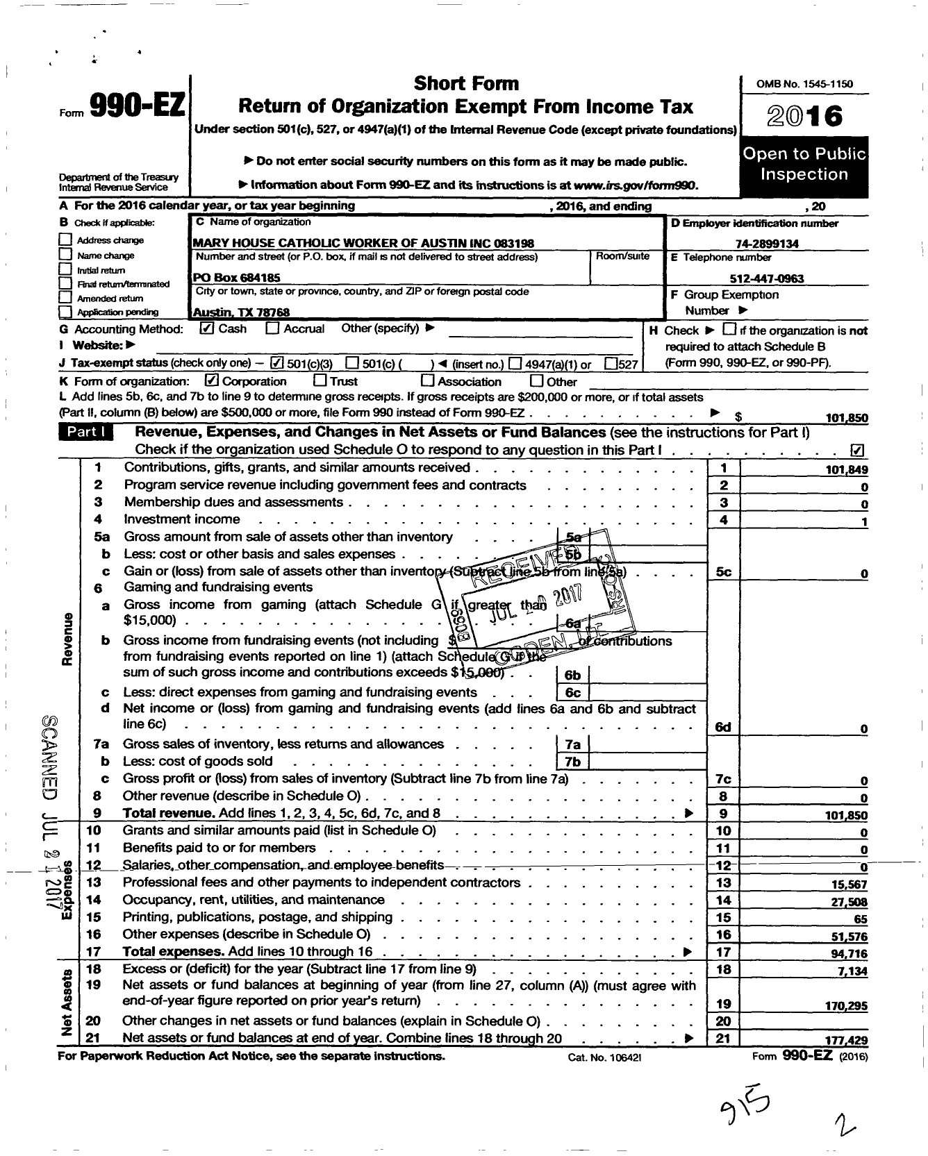 Image of first page of 2016 Form 990EZ for Mary House Catholic Worker of Austin 083198