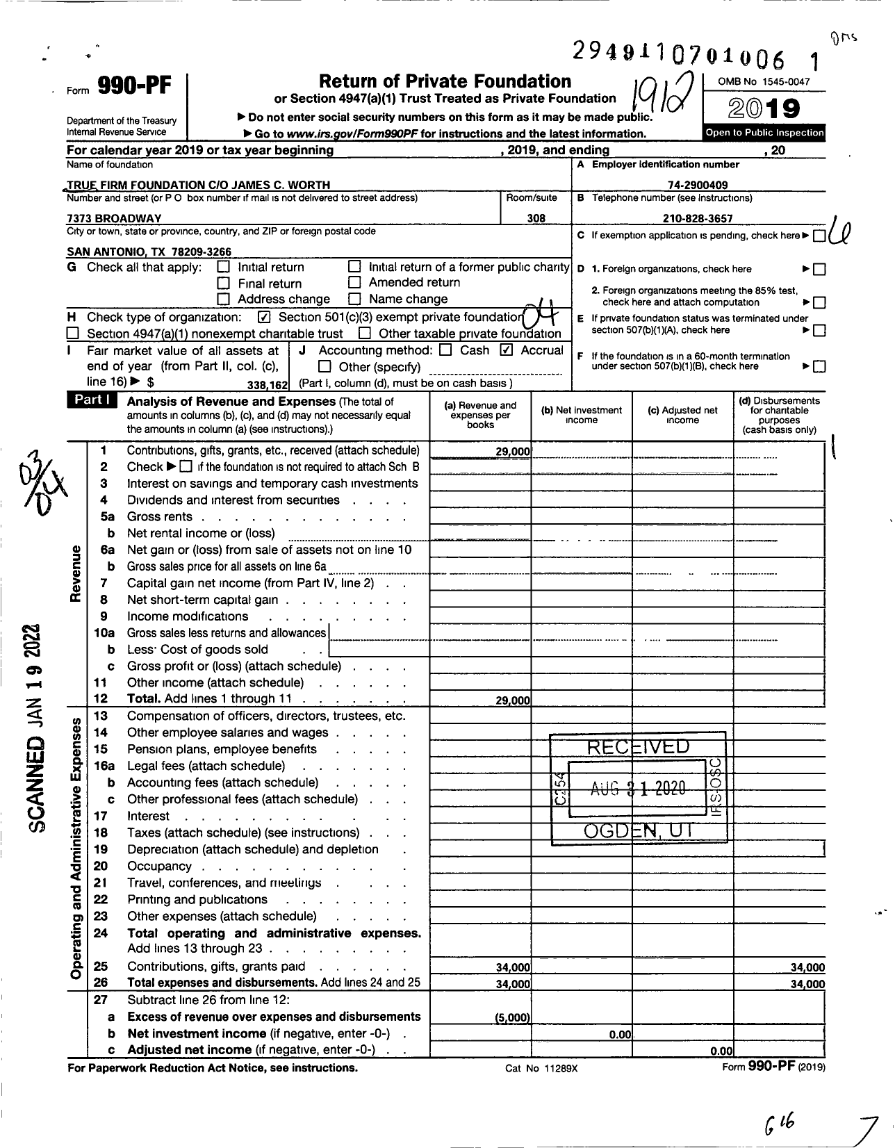 Image of first page of 2019 Form 990PF for Worth Family Foundation