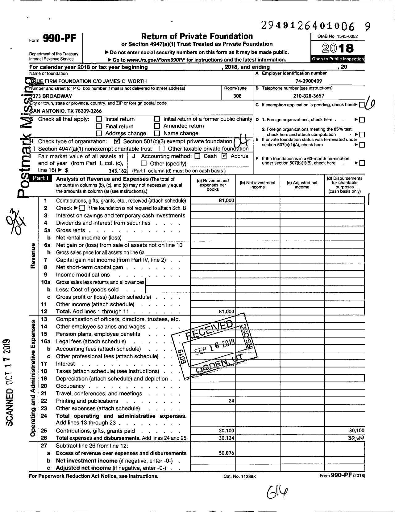 Image of first page of 2018 Form 990PF for Worth Family Foundation