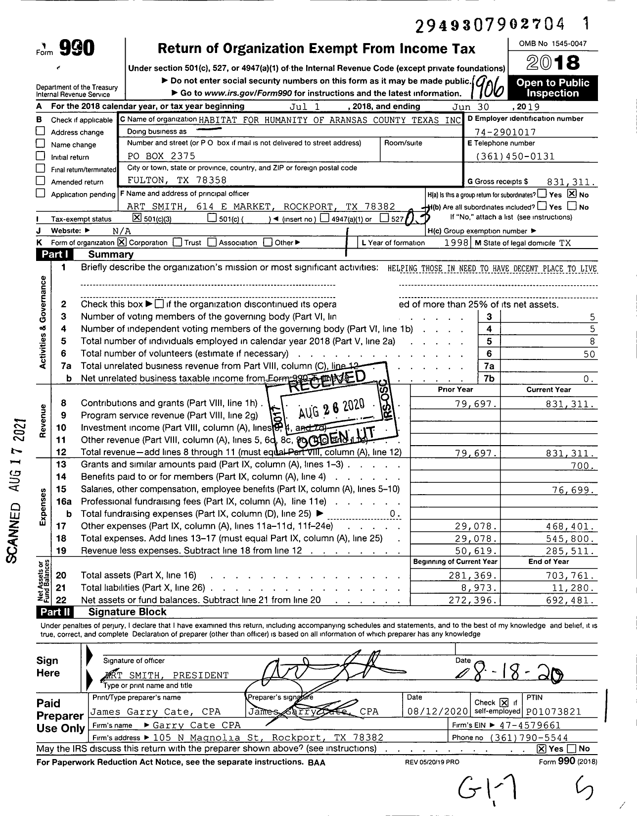 Image of first page of 2018 Form 990 for Habitat for Humanity Aransas County Texas