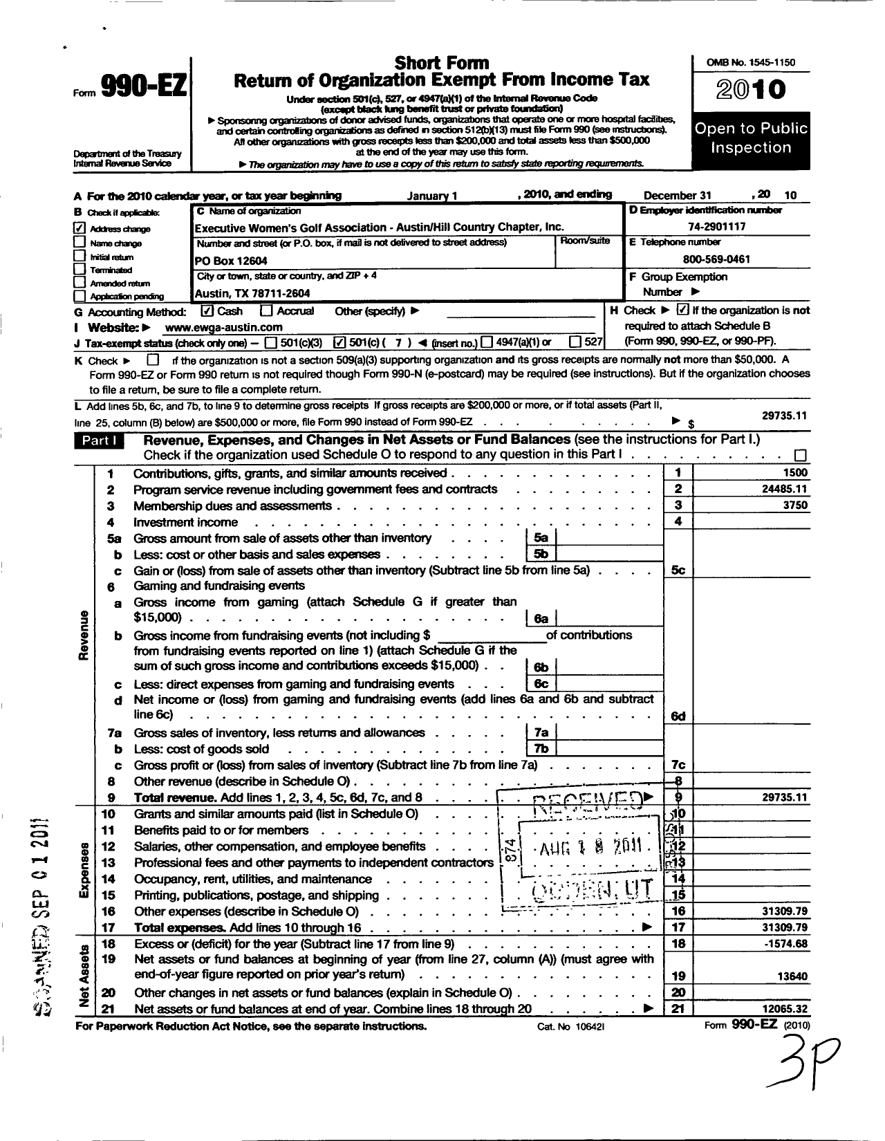 Image of first page of 2010 Form 990EO for Executive Womens Golf Association / Austin Hill Country Chapter