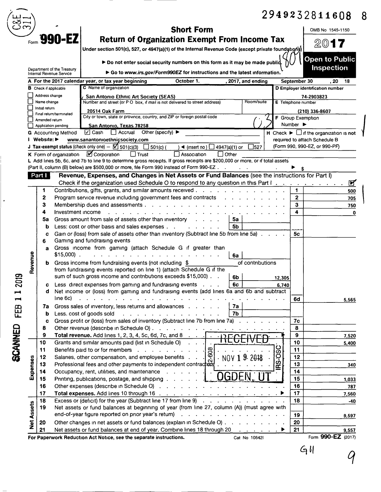 Image of first page of 2017 Form 990EZ for San Antonio Ethnic Art Society - Seas