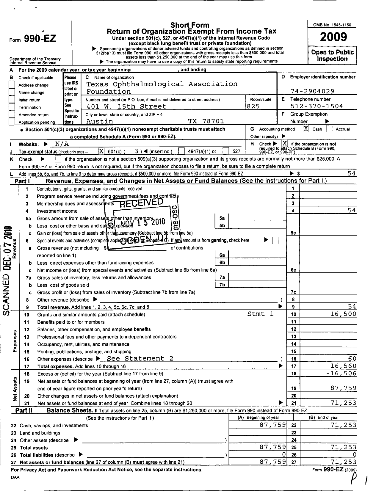 Image of first page of 2009 Form 990EZ for Texas Ophthalmological Association Foundation