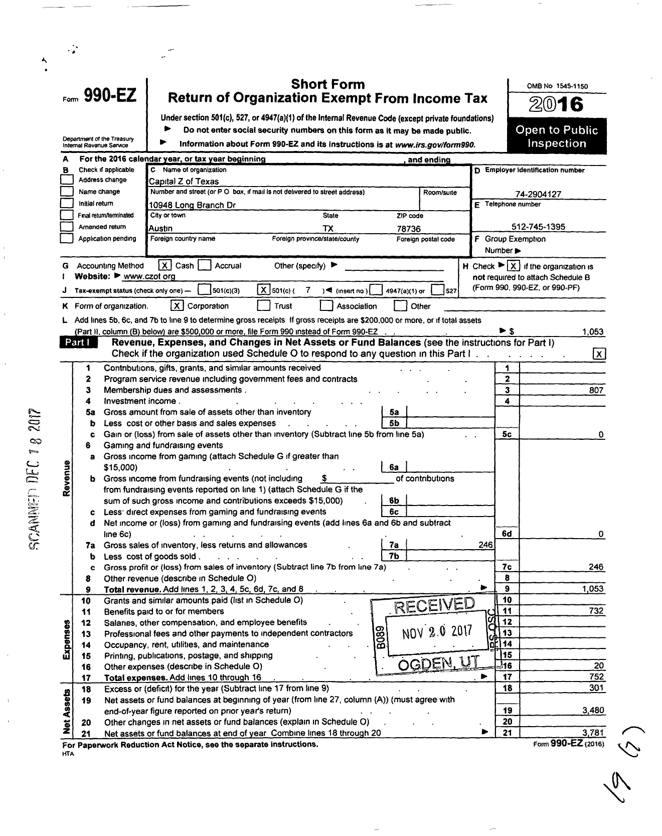 Image of first page of 2016 Form 990EO for Captial Z of Texas