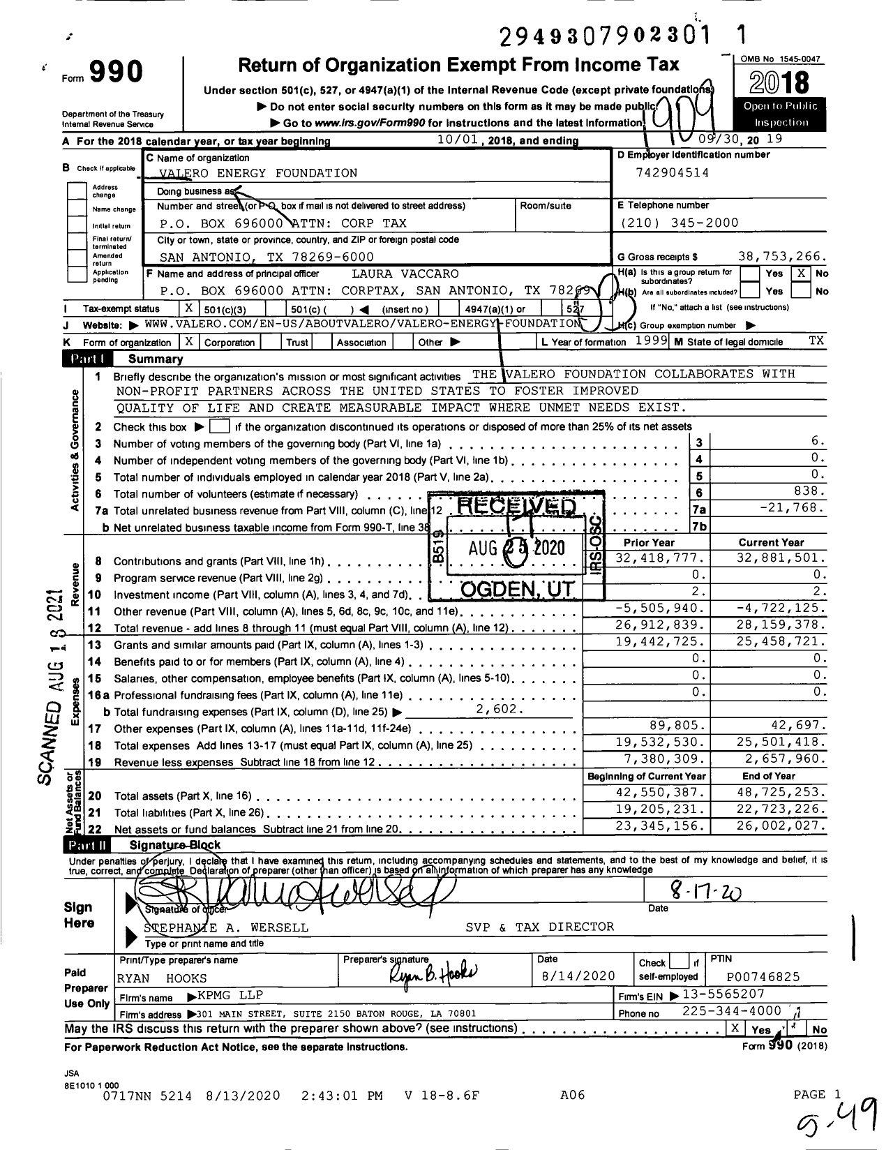 Image of first page of 2018 Form 990 for Valero Energy Foundation