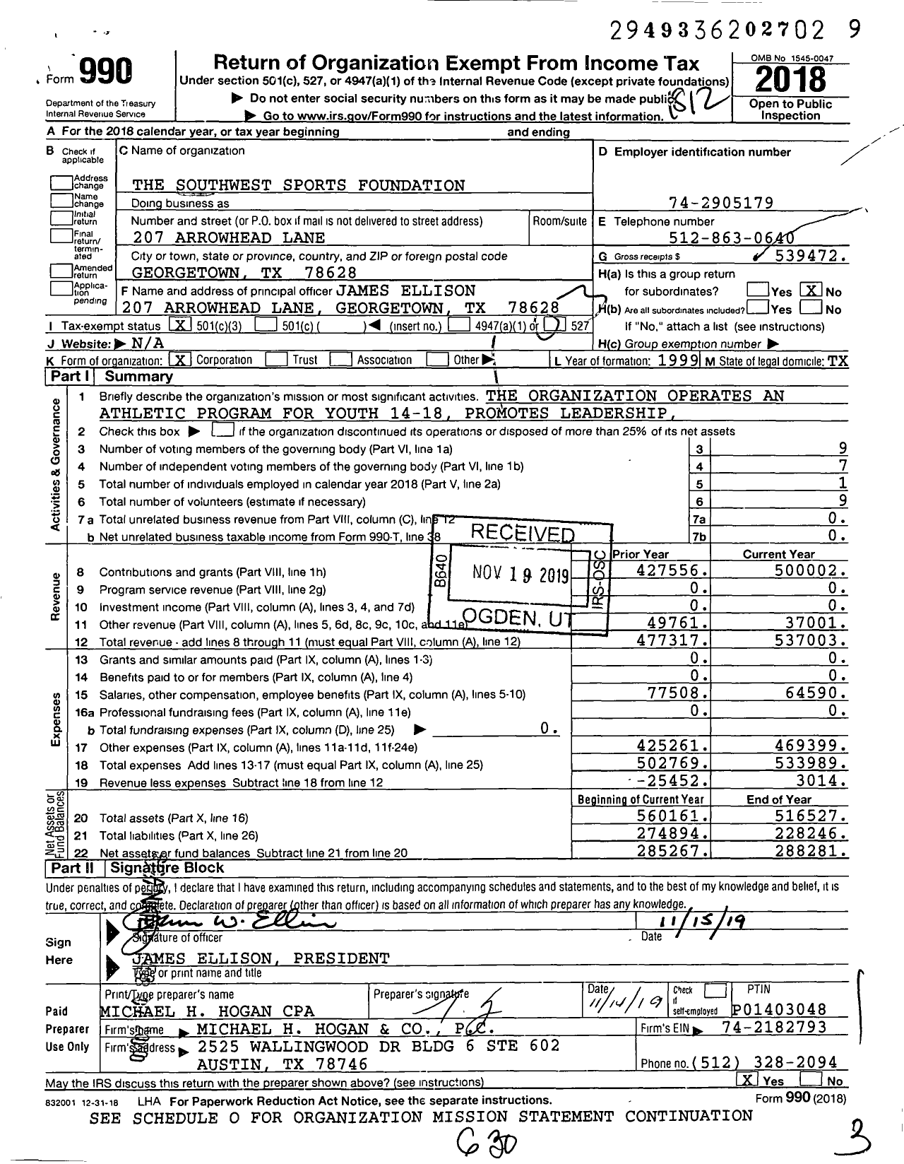 Image of first page of 2018 Form 990 for The Southwest Sports Foundation