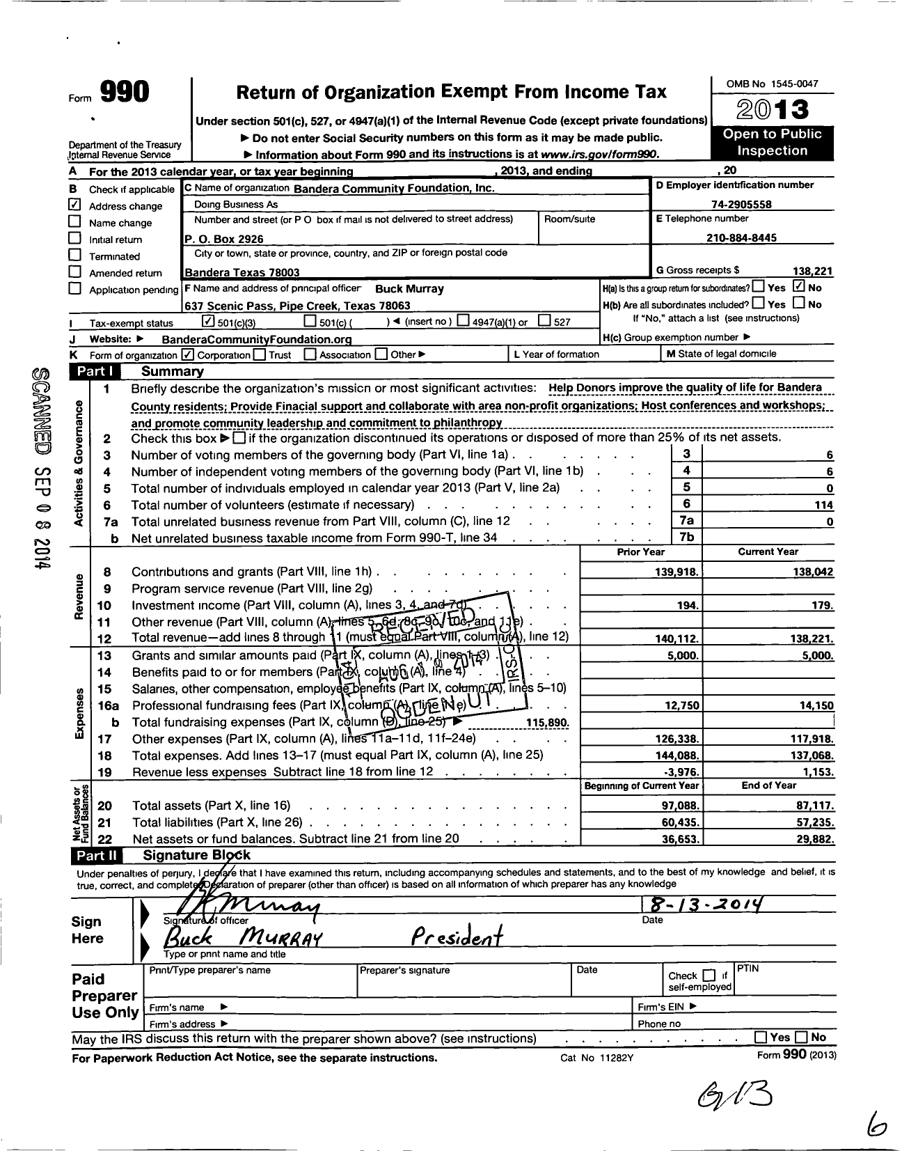 Image of first page of 2013 Form 990 for Bandera Community Foundation