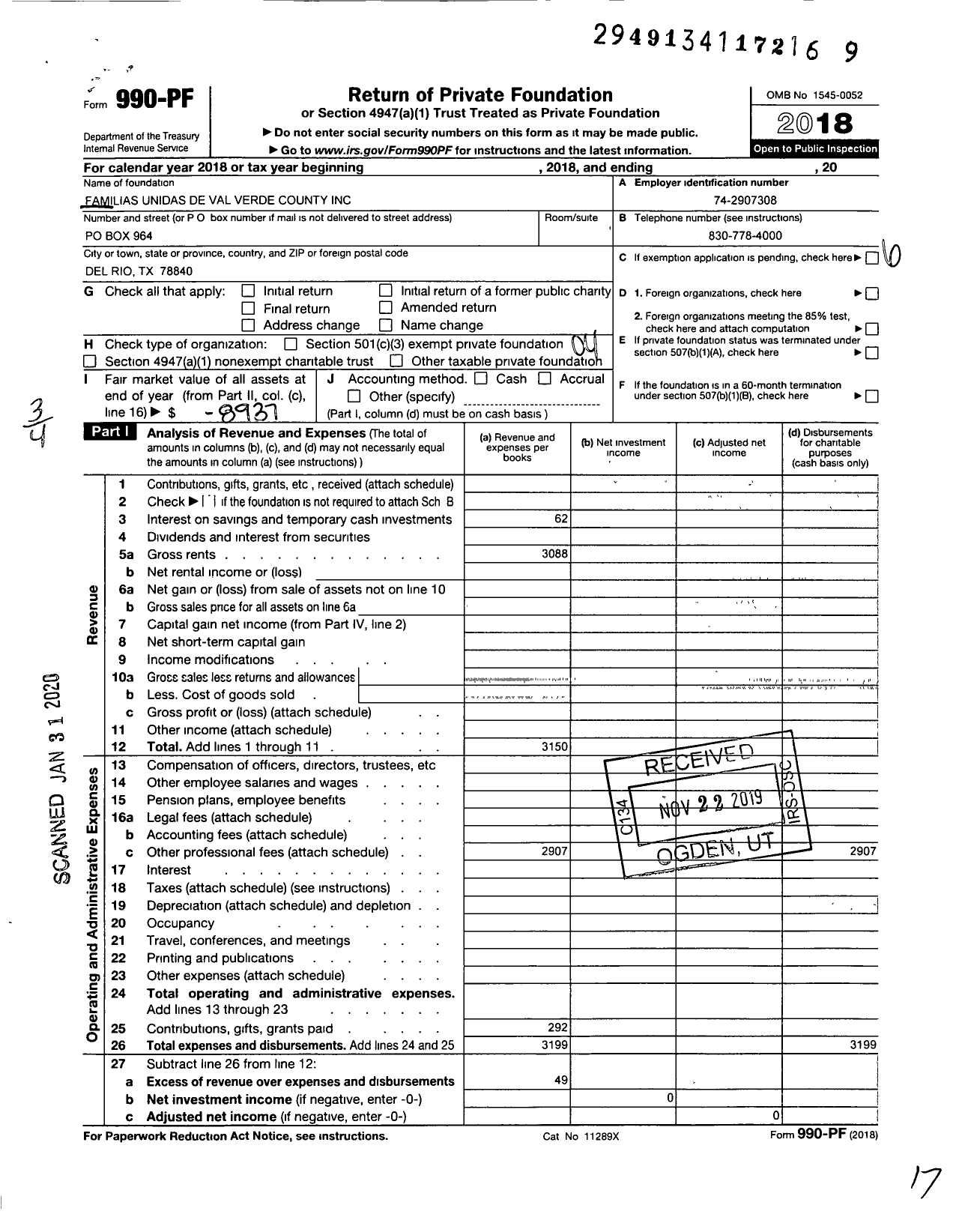 Image of first page of 2018 Form 990PF for Familias Unidas de Val Verde County