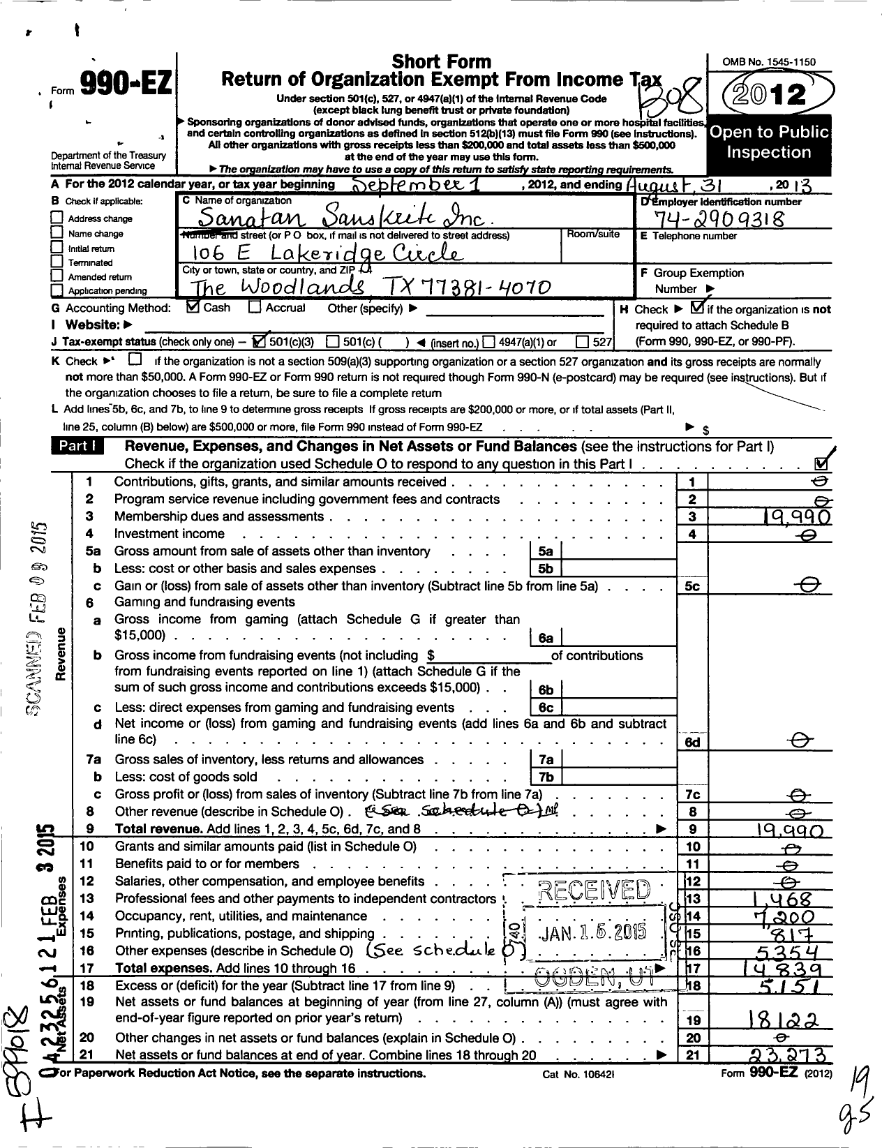 Image of first page of 2012 Form 990EZ for Sanatan Sanskriti