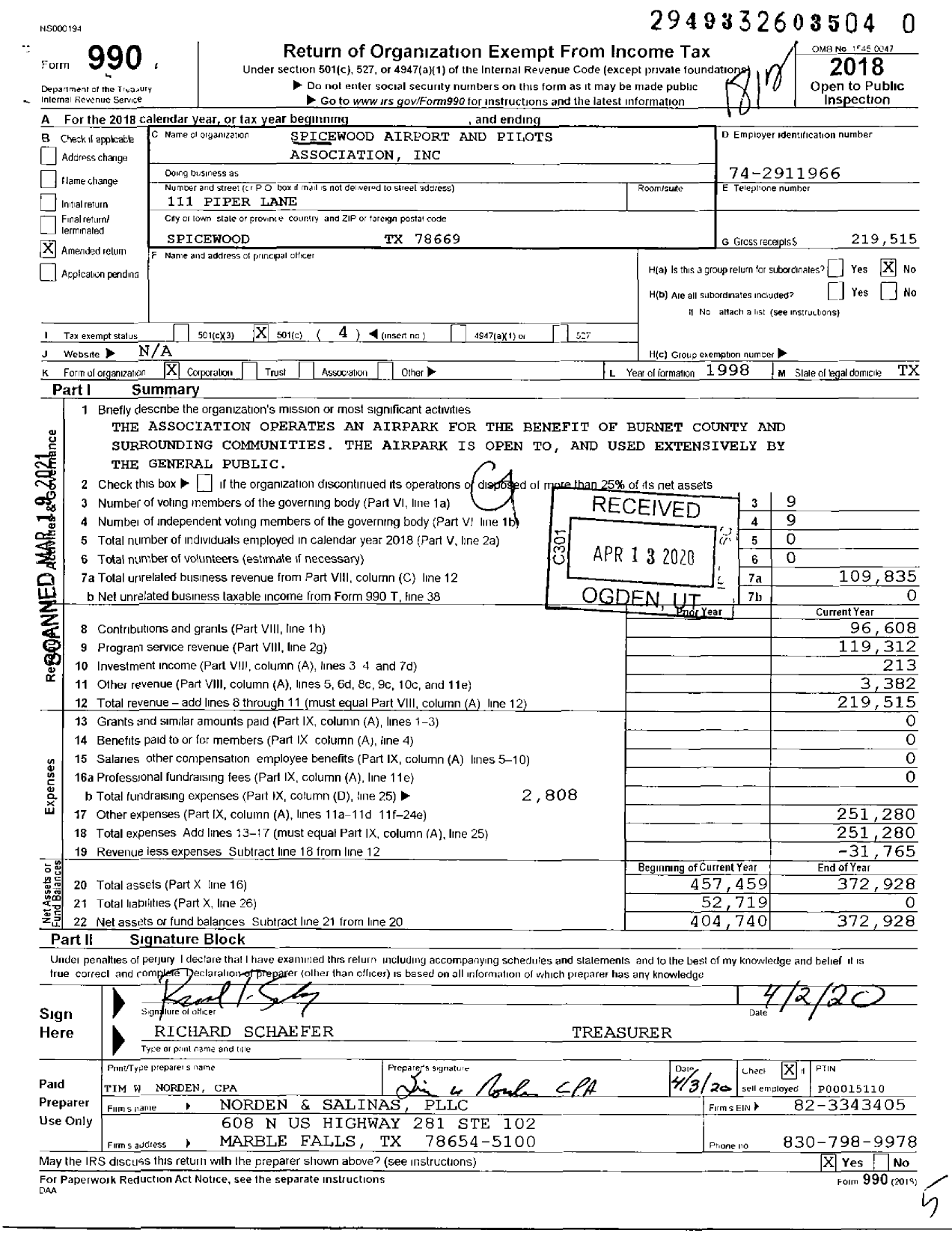 Image of first page of 2018 Form 990O for Spicewood Airport and Pilots Association