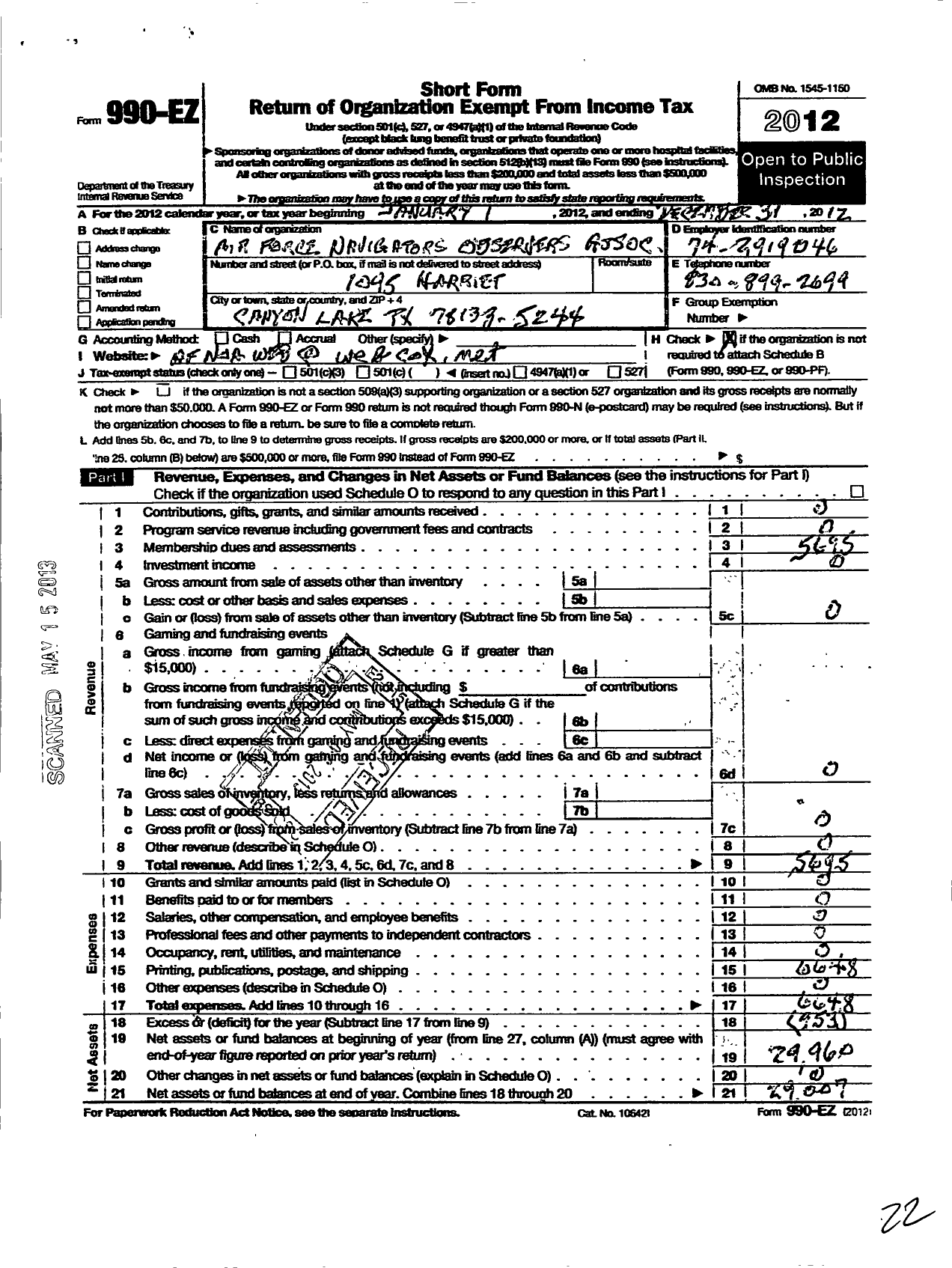 Image of first page of 2012 Form 990EO for The Air Force Navigators Observers Association