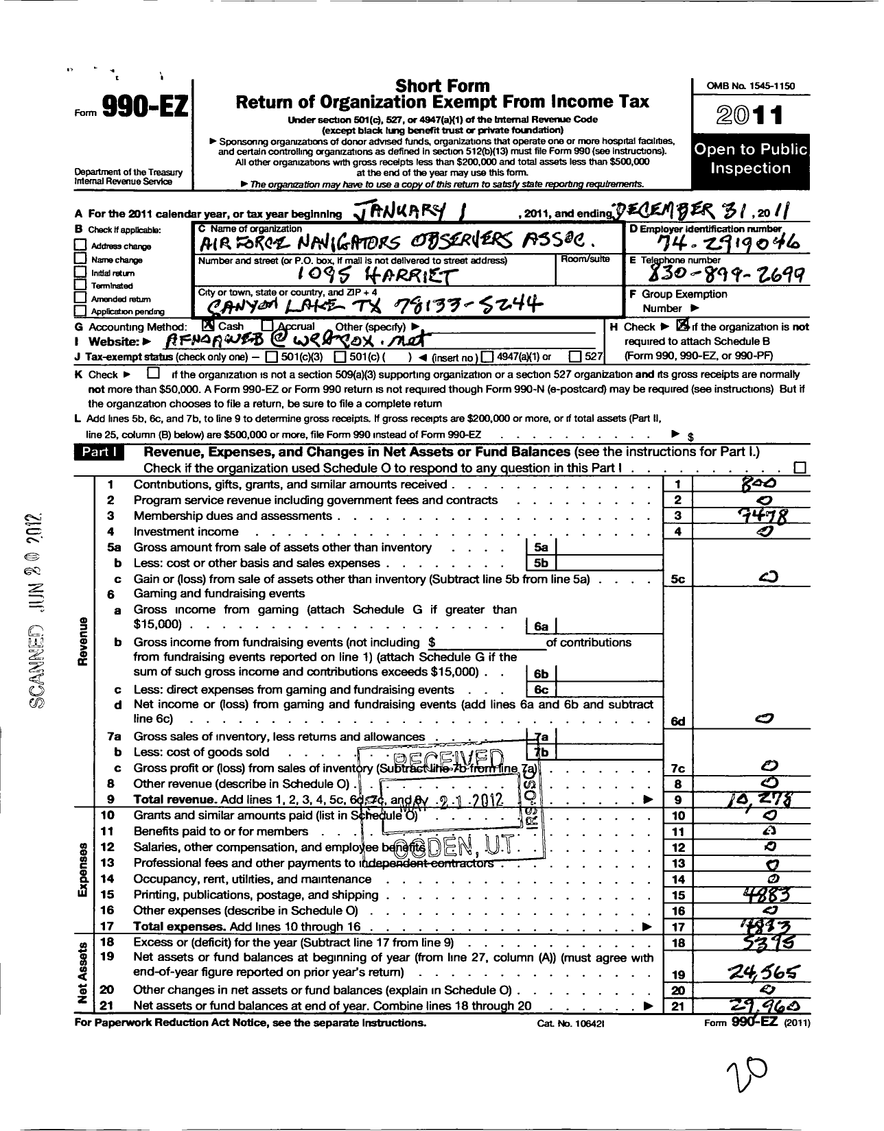 Image of first page of 2011 Form 990EO for The Air Force Navigators Observers Association