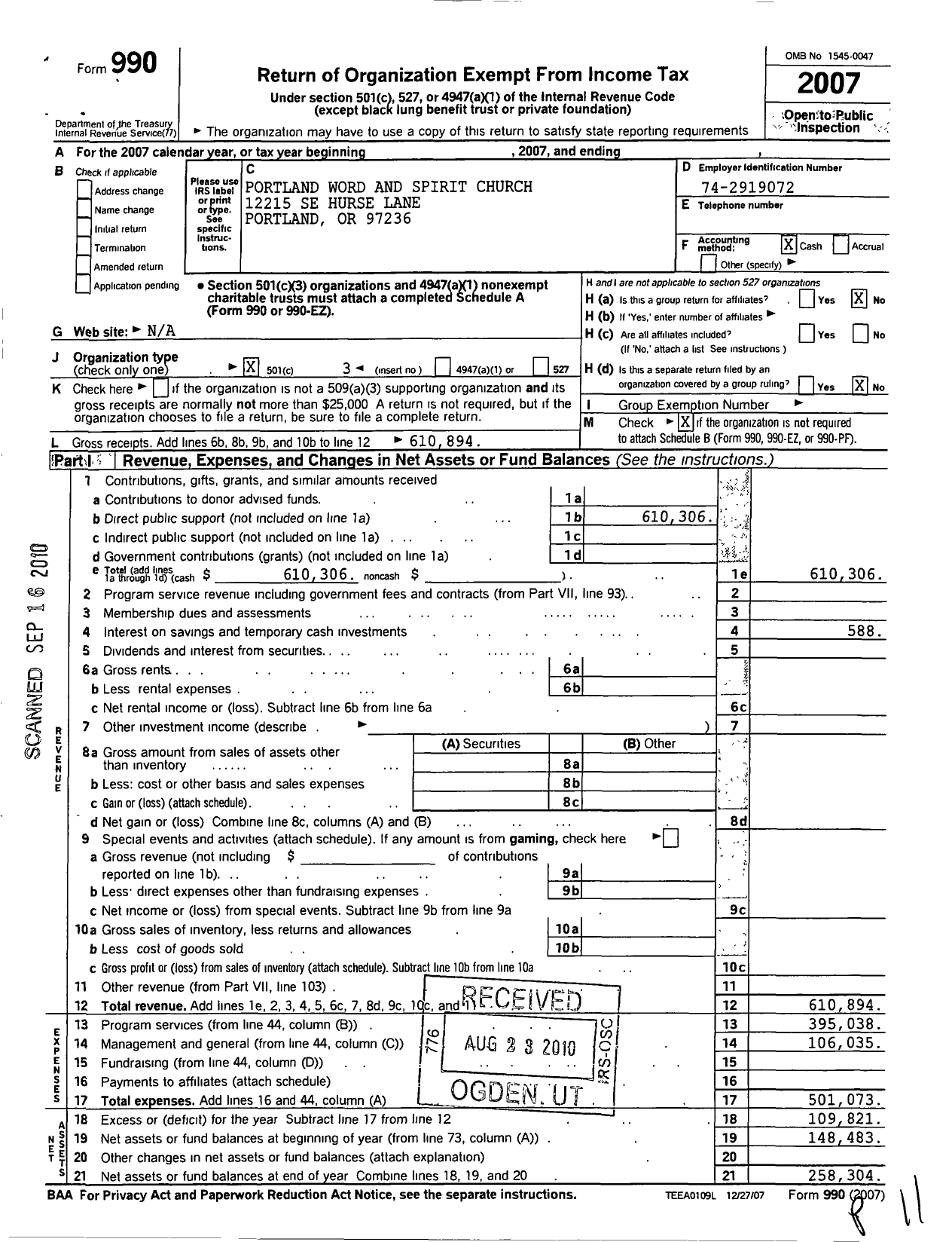 Image of first page of 2007 Form 990 for Portland Word & Spirit Church